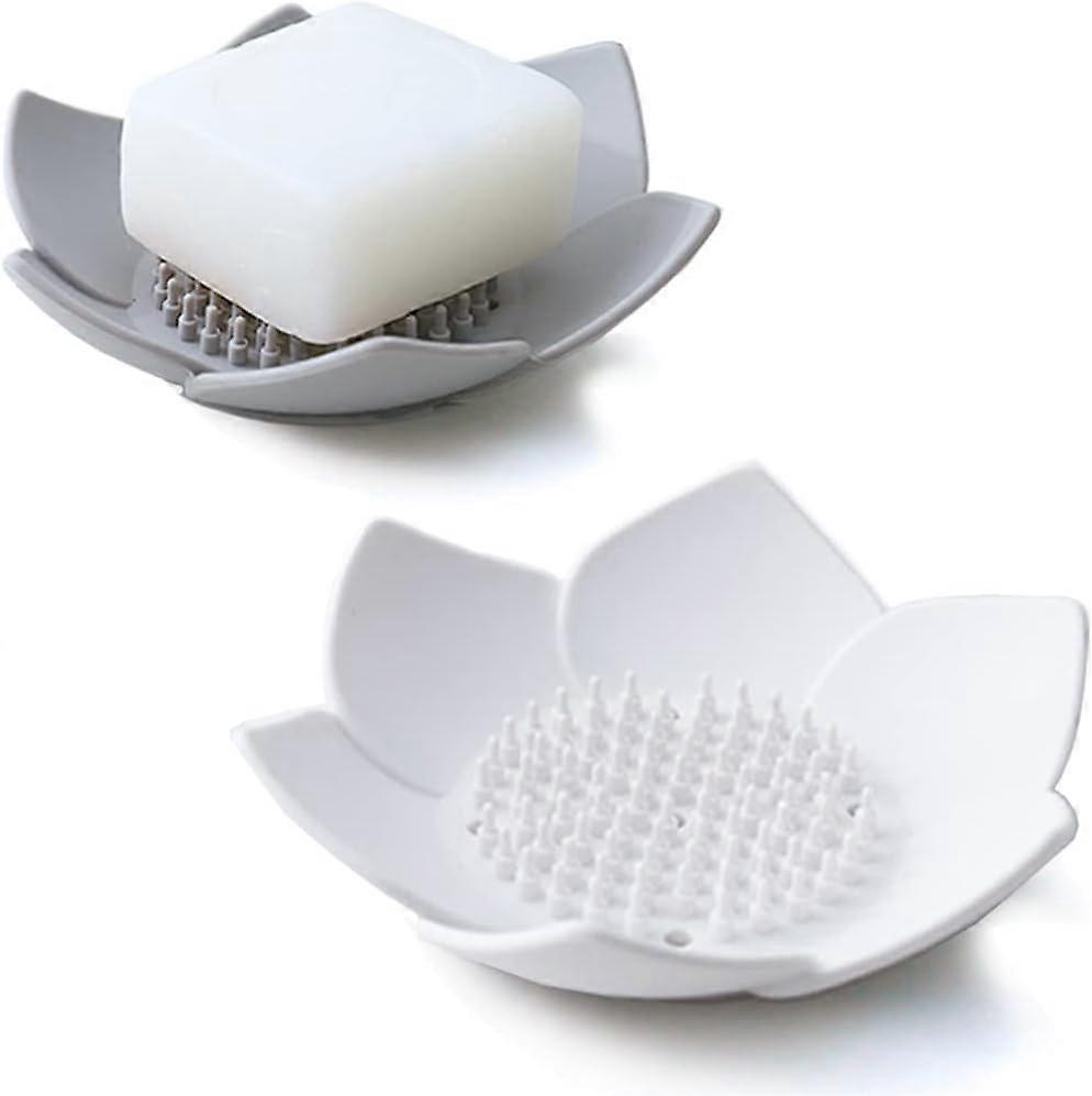 Soap box with drain, bathroom soap holder for shower, silicone soap dish for kitchen sink. Counter and bathtub flower-shaped soap caddy. Extends Soap