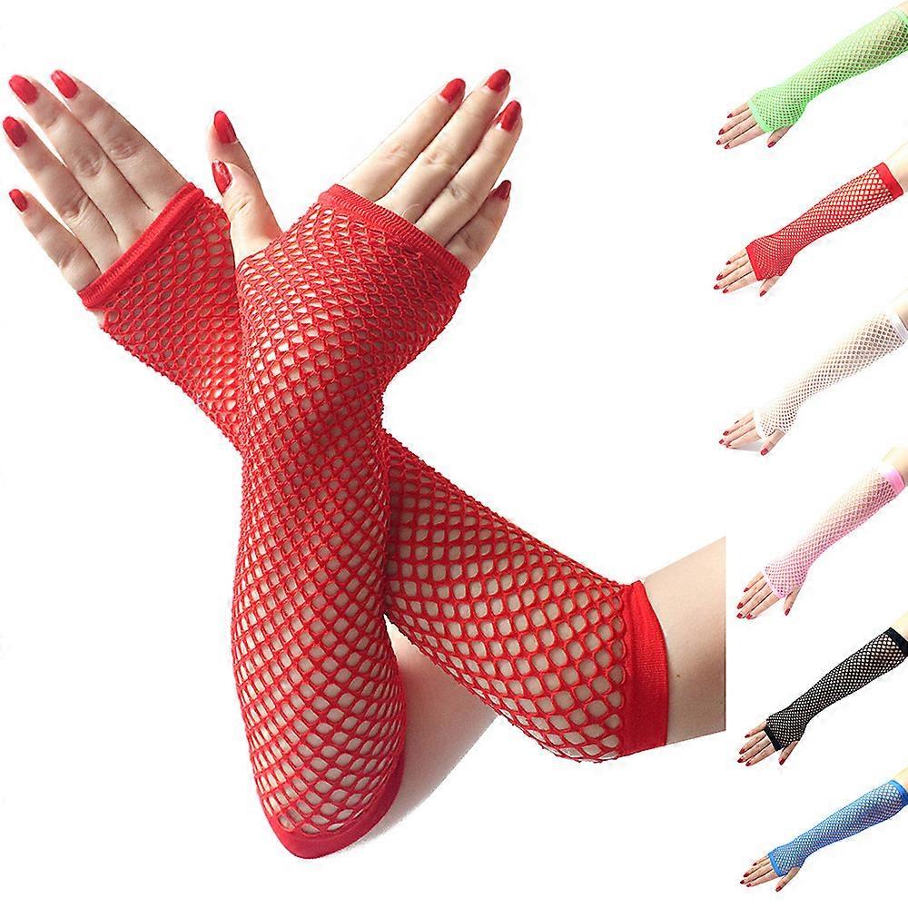 Elastic Long Fishnet Gloves, One Size Fingerless Net Mesh Gloves 80s Hand Gloves Costume Accessory Party Supplies Red 1 Pairs