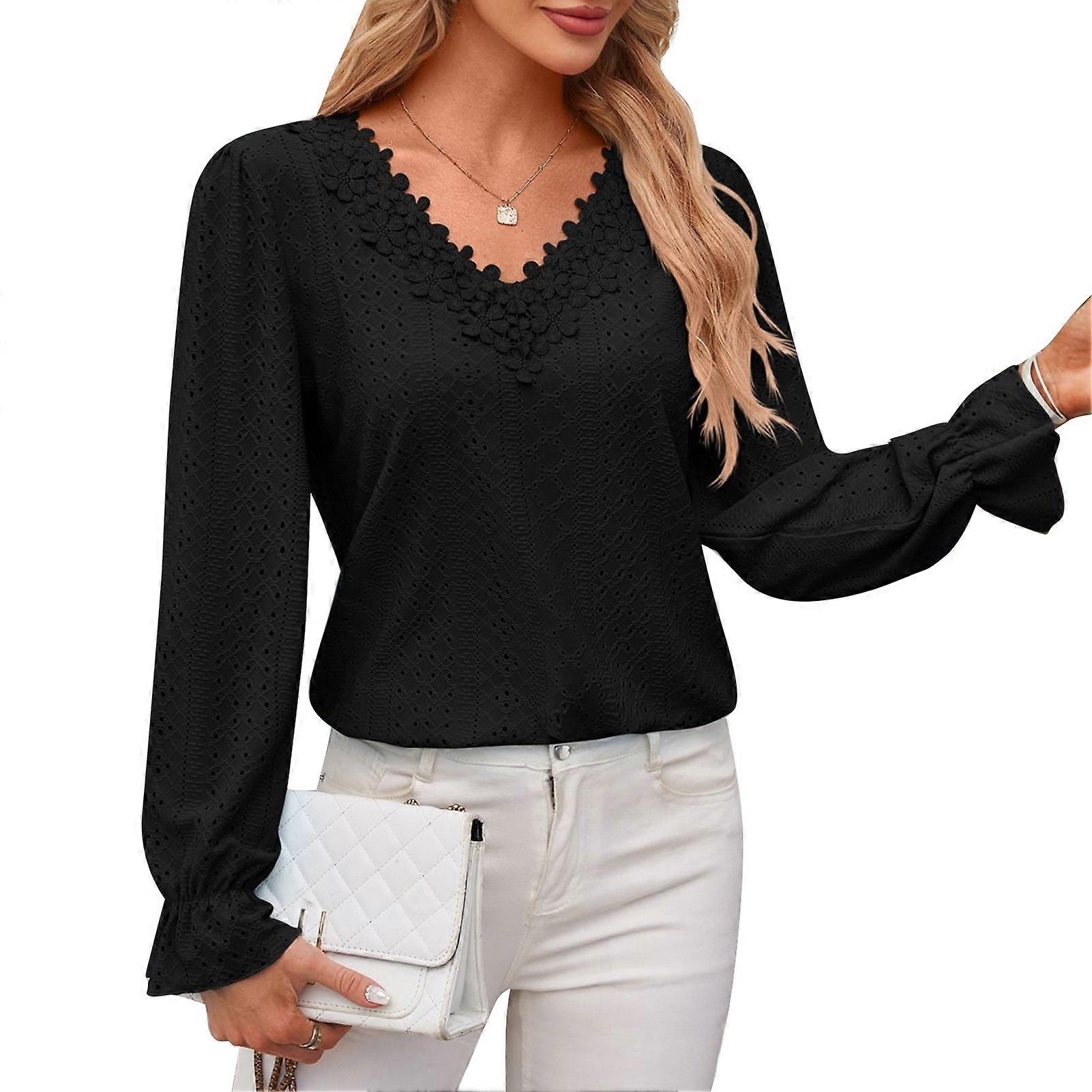 Lace V Neck Fitted Long Sleeve Blouse Black S