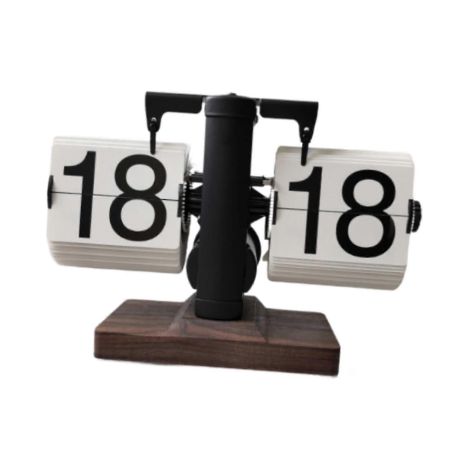 Flip Desk Clock with Wood Base Mechanical Page Turning for Cafe Desktop Home Black and White