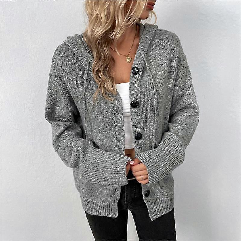 Solid Color Hooded Sweater Women's Drawstring Knitted Cardigan Jacket