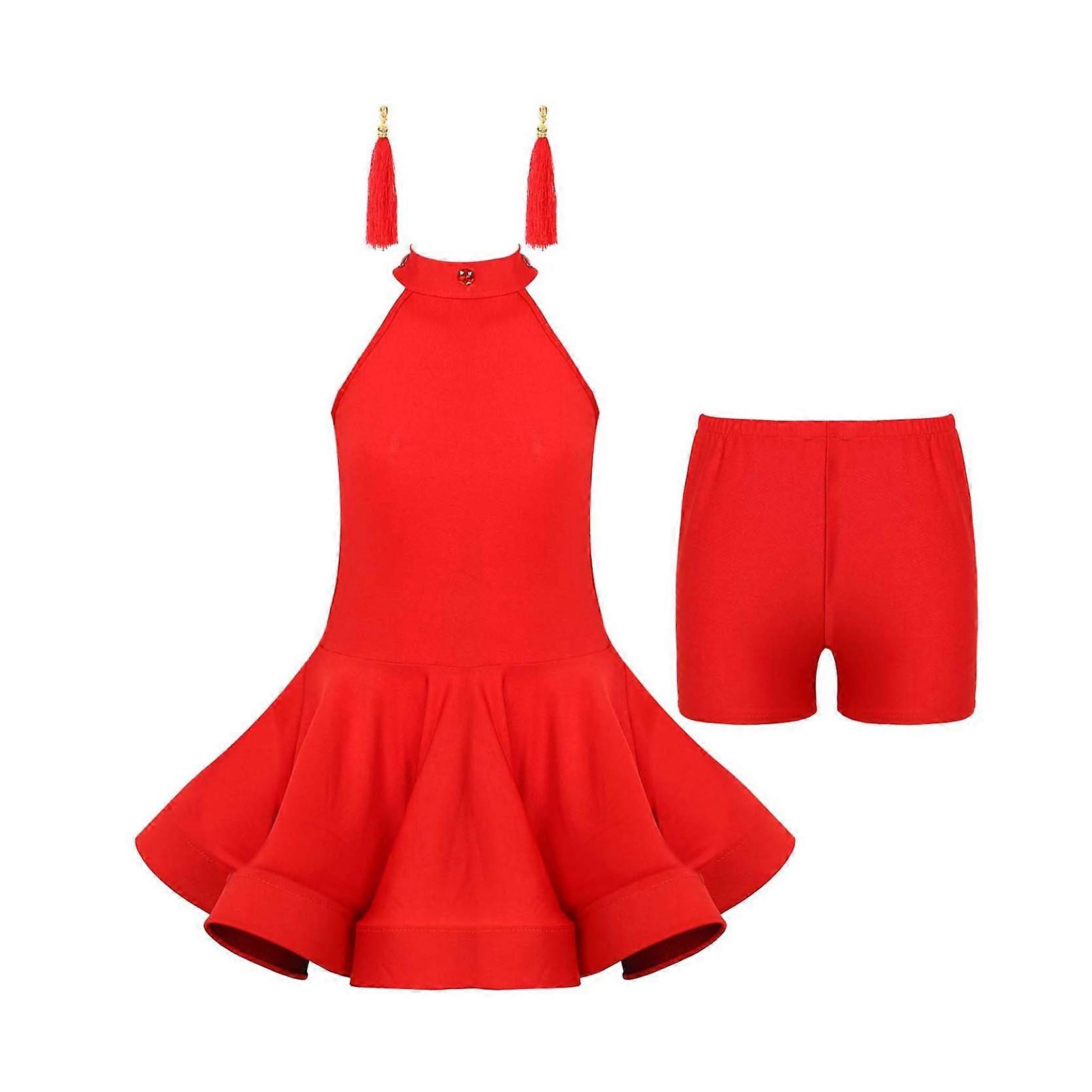 Kids Girls Dancing Clothes Set Latin Sleeveless Dress with Elastic Waistband Boxer Shorts and Tassel Earrings