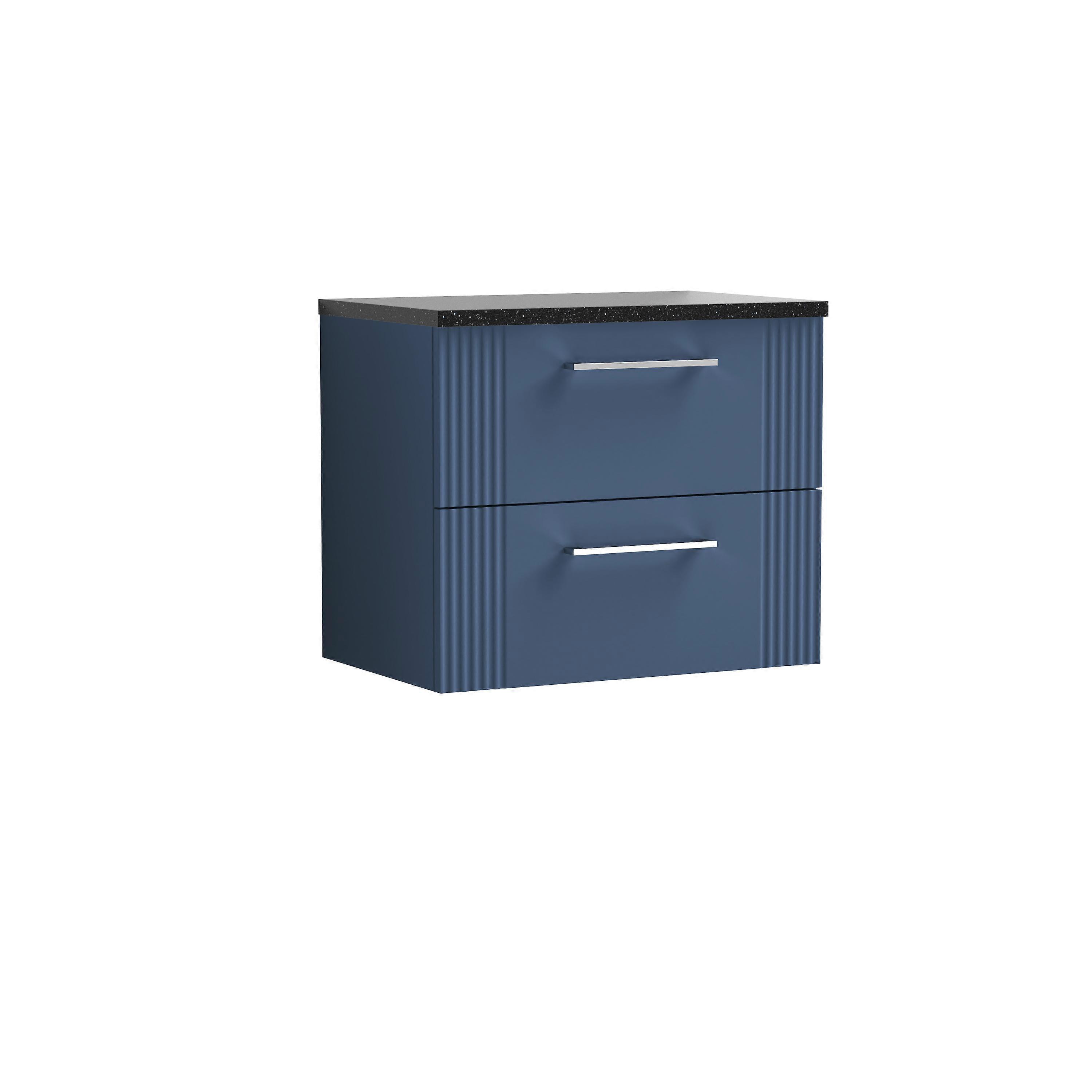 Partial Fluted 2 Drawer Wall Hung Vanity Unit with Sparkling Black Laminate Worktop - 600mm - Satin Blue 