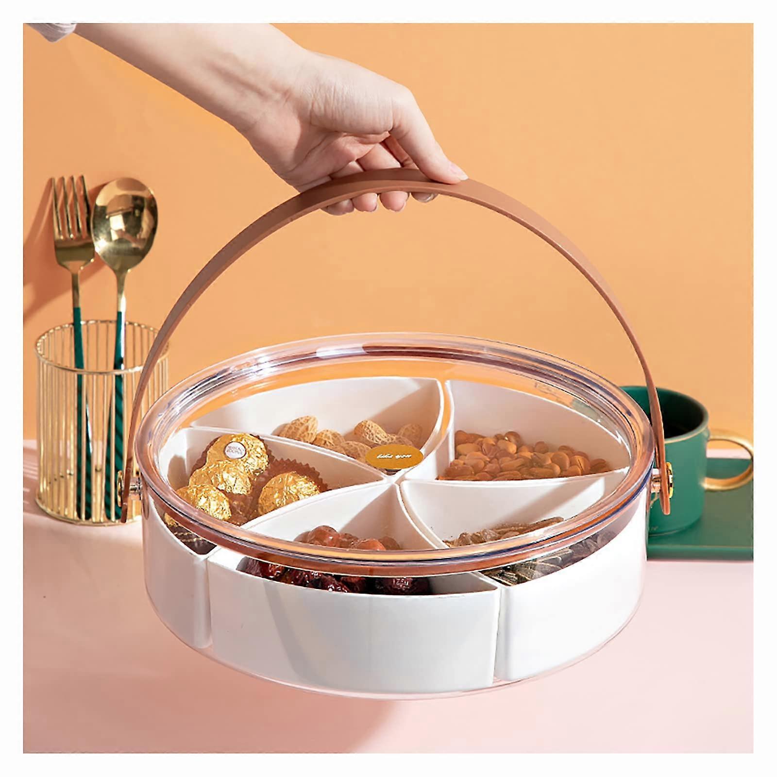 Clear Divided Serving Tray Round Plastic With Lid And Handle 12-Inch Diameter, Food Storage Box For Candy And Appetizers