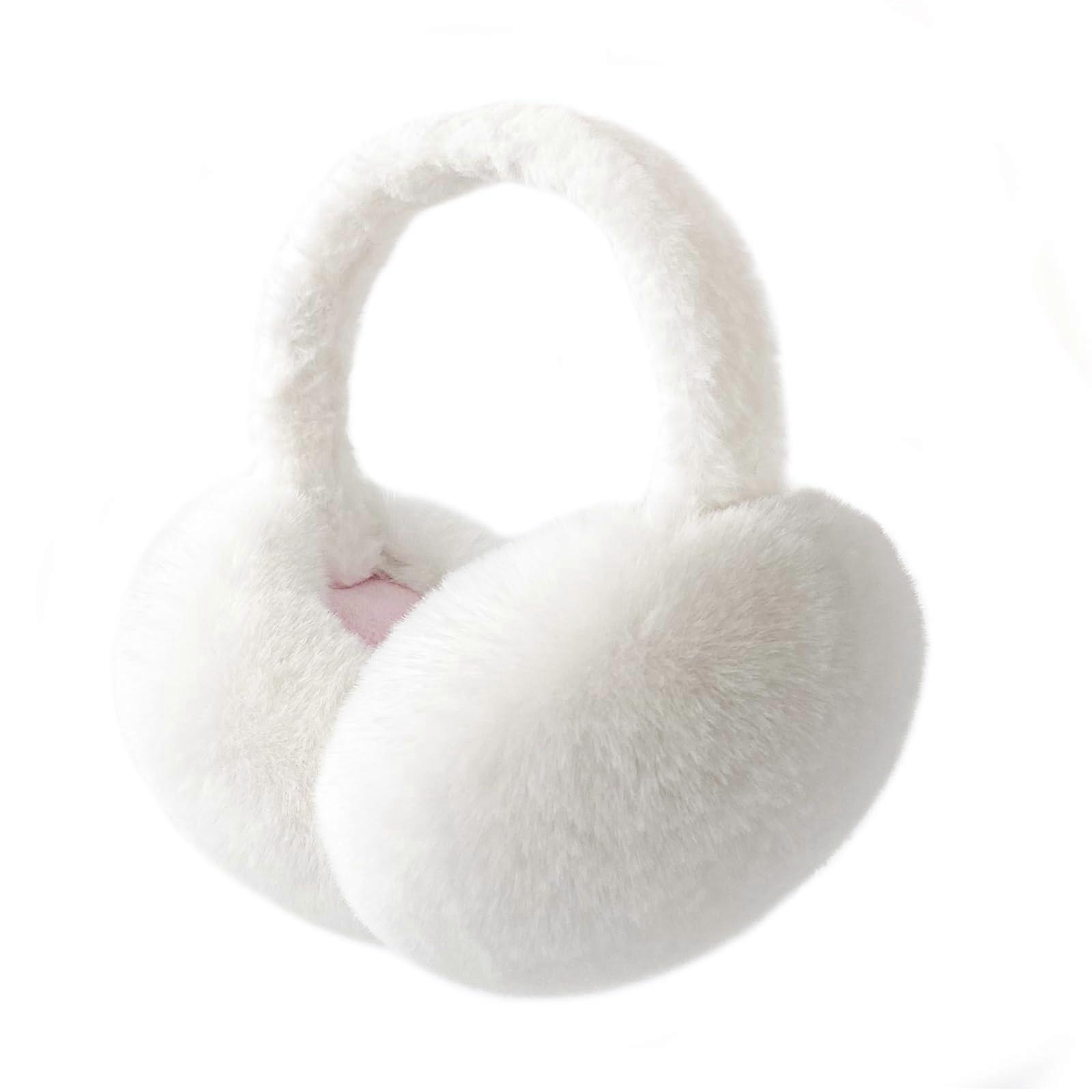 Women Winter Ear Muffs Faux Fur Headphones Foldable Cute Ear Heaters for Cold Weather in White Color
