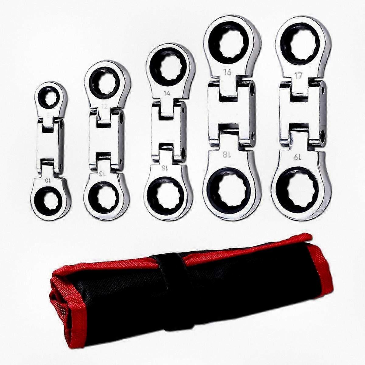 5-Piece Metric and SAE Stubby Ratcheting Wrench Set with 72 Teeth, Nickel Plated, Includes Rolling Storage Pouch