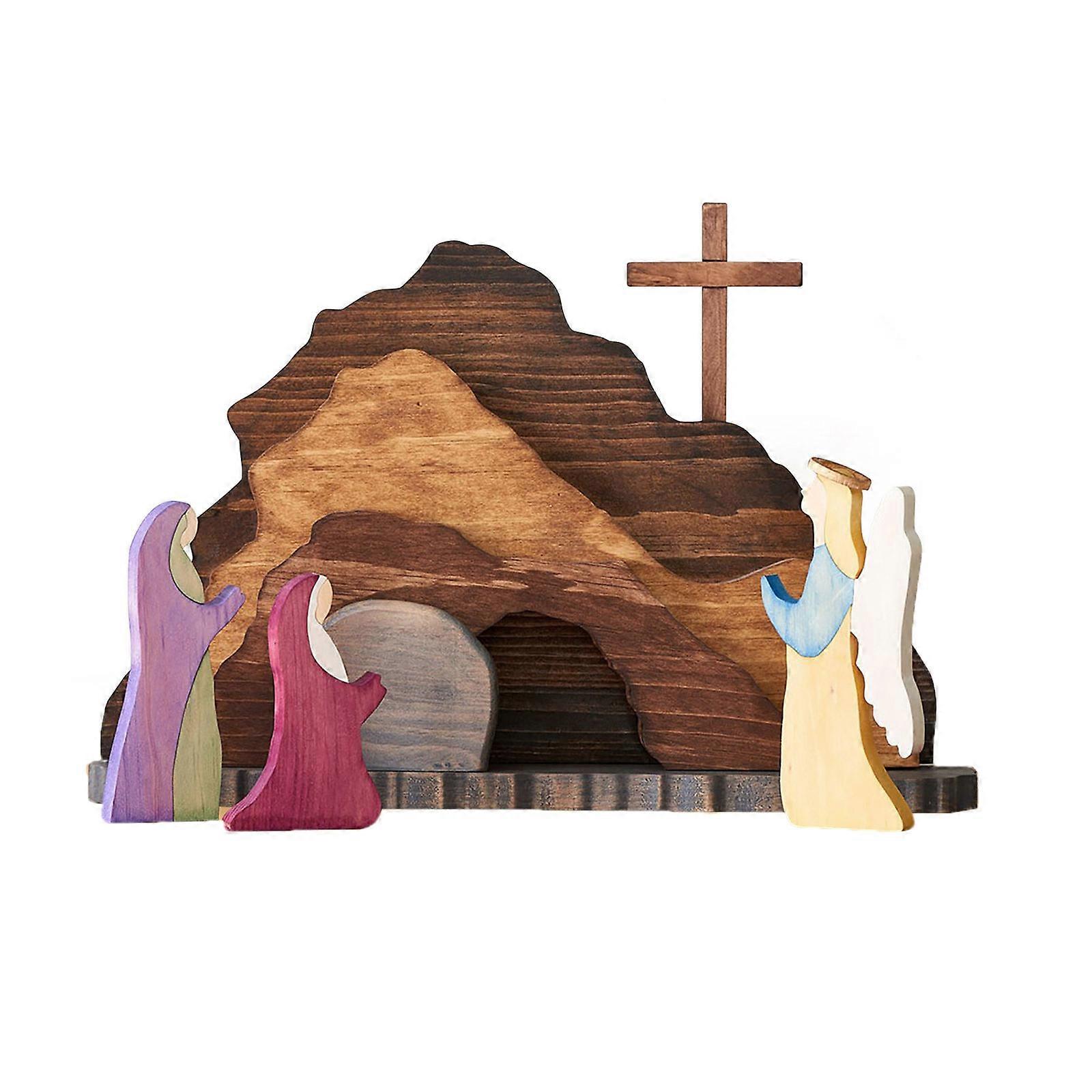 Wooden Easters Nativity Scene Tabletop Decoration Nativity Sculpture Ornaments Set for Christian Home and Parties Event Multicolor