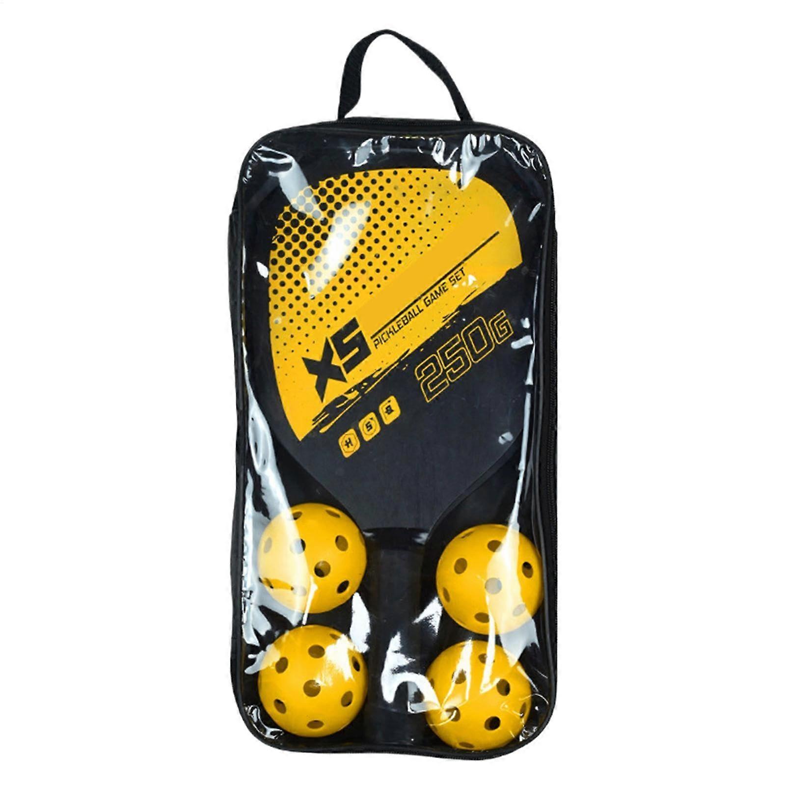 Paddle Ball Set, Paddle Set, Racket Set Equipment, 4 Pickle Balls, Set of 2 Bats, Racket with Comfort Grip for Indoor Outdoor Fitness Exercise Yellow