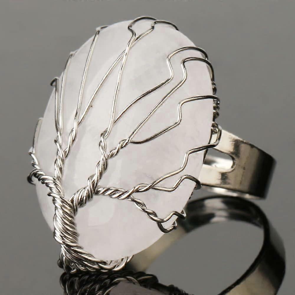 Women's Natural White Stone Crystal Open Ring, Adjustable Oval Tree of Life Design, Reiki Balance Finger Jewelry for Weddings