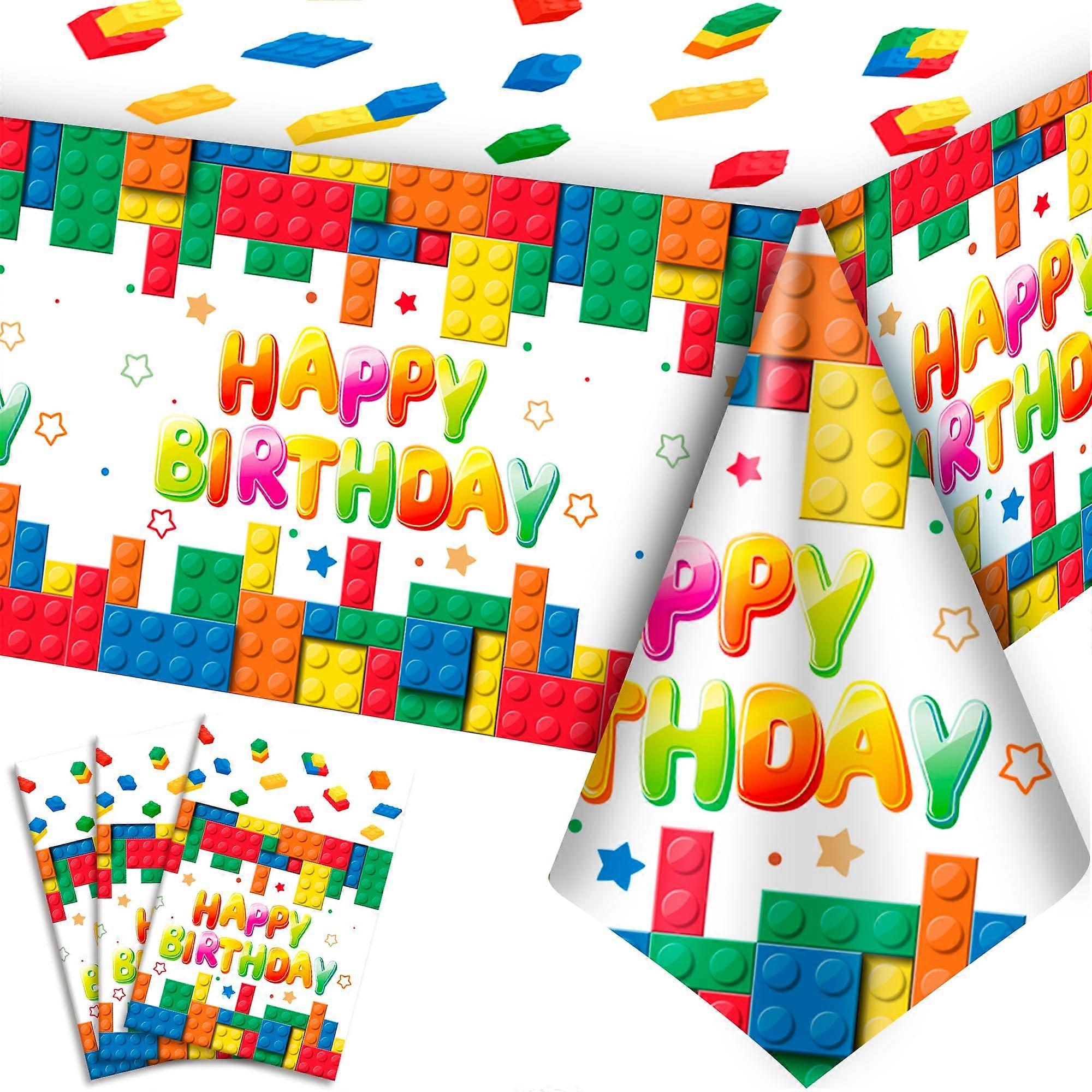 Building Blocks Birthday Tablecloth Set, 3-Piece Plastic Table Cover for Building Blocks Party Decorations, 54"x108"