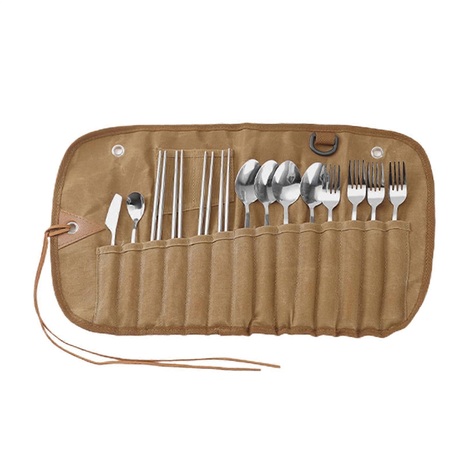 Utensil Bag Portable Reusable Silverware Organizer 14-Compartment Case For Forks Spoons Chopsticks Camping