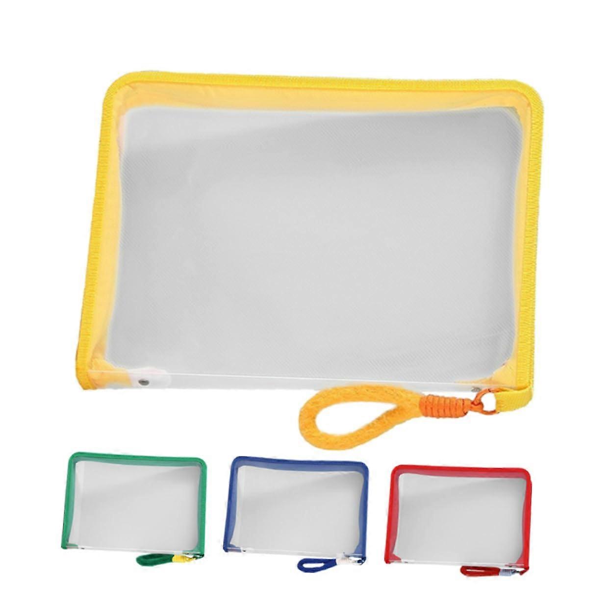 Pack of 4 Transparent Mesh Zip Pockets with Handles for Document Storage, Stationery Organization, and Travel