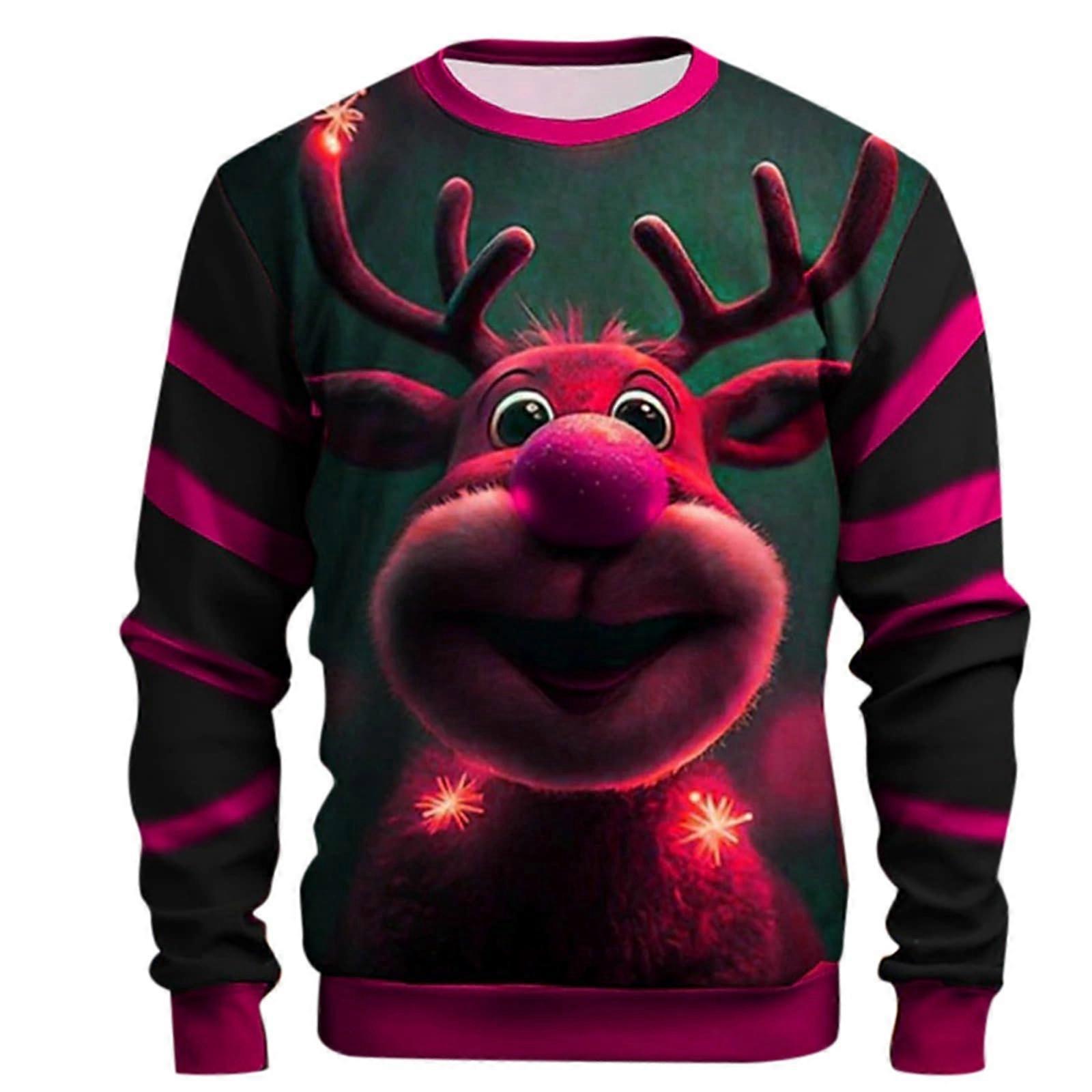 Christmas Jumper Unisex Knitted Sweatshirt with 3D Reindeer Print, Funny Ugly Christmas Sweater, Crew Neck, 3XL Rosa
