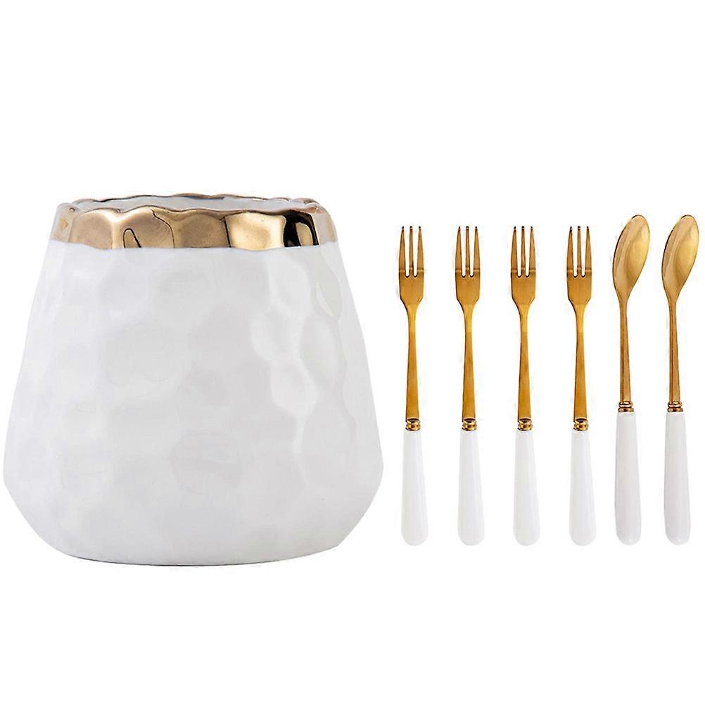Stainless Steel Fruit Fork and Ceramic Storage Jar for Kitchen Flatware 1Set