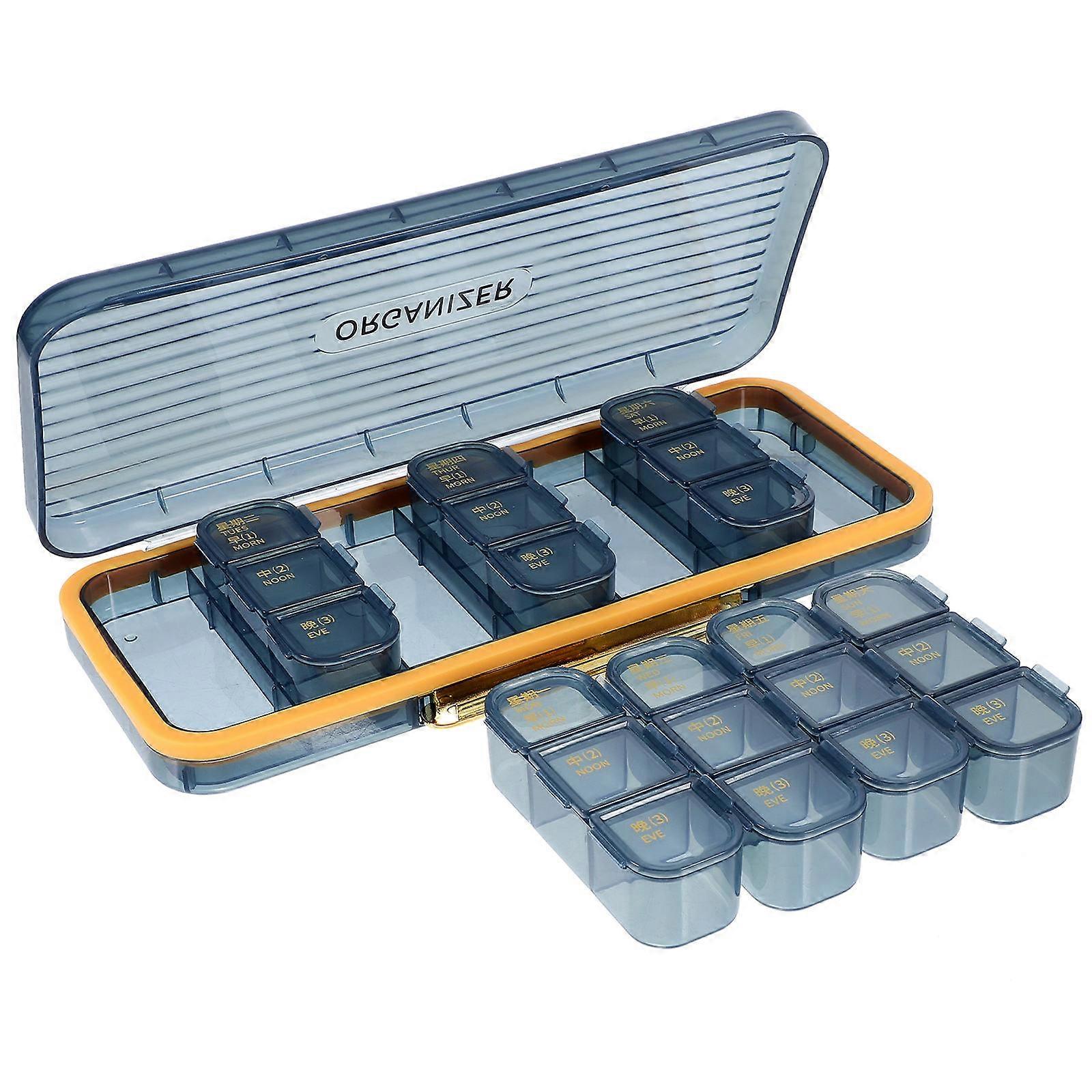 Blue Reusable Pills Dispenser Container for Home Made of ABS Durable and Portable 7-Day Storage