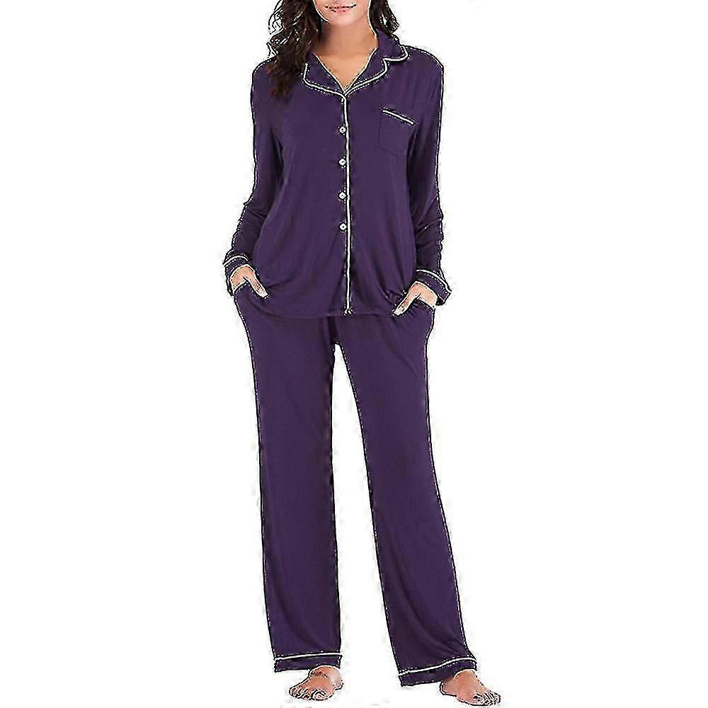 Kvinnor Pyjamas Set Notch Lapel Soft Sleepwear Långärmad knapp ner nattkläder med långbyxor