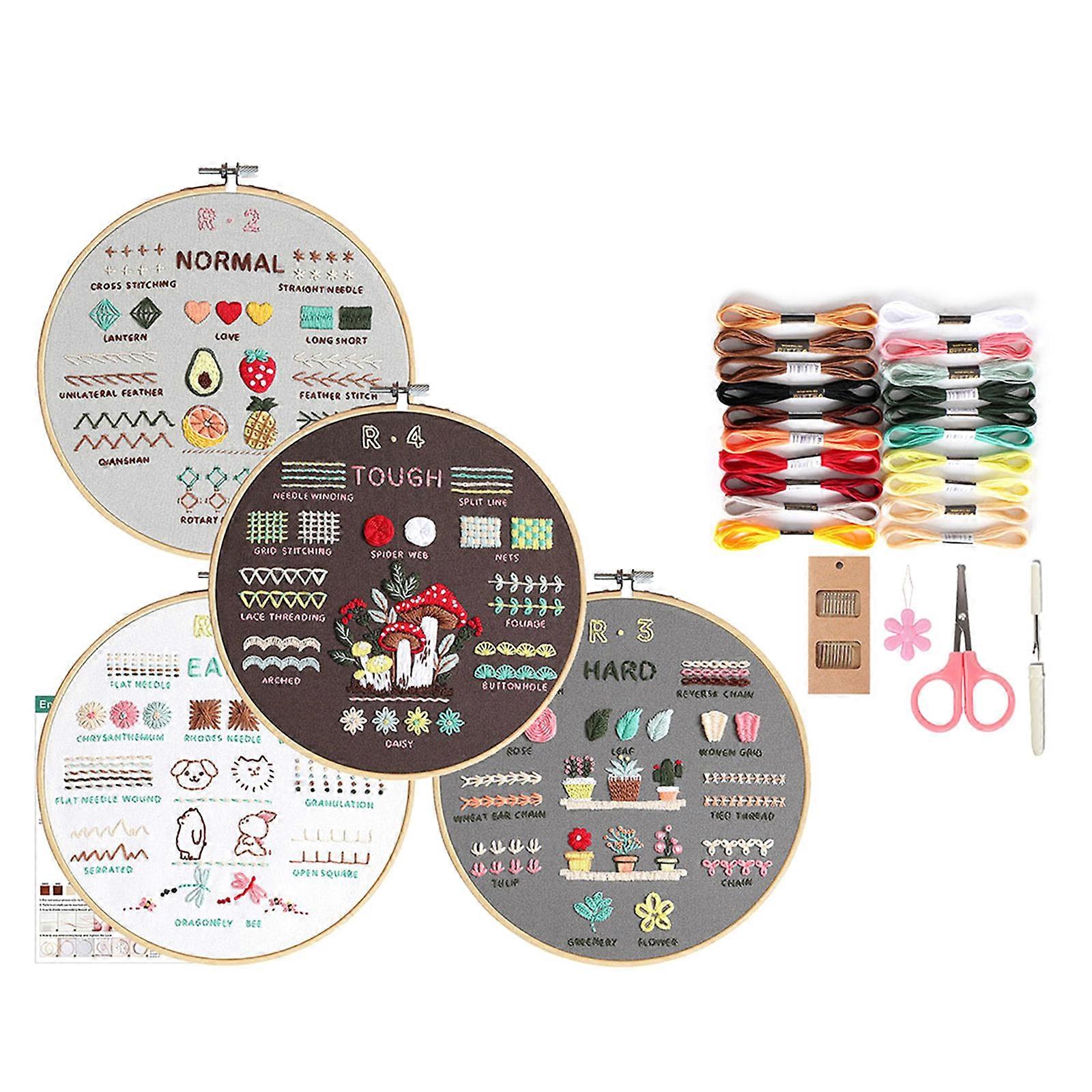 4 Sets Embroidery Set Include Instruction 3 Patterned Embroidery Cloth Stitching Hoop Thread Scissors and Needle Multicolor
