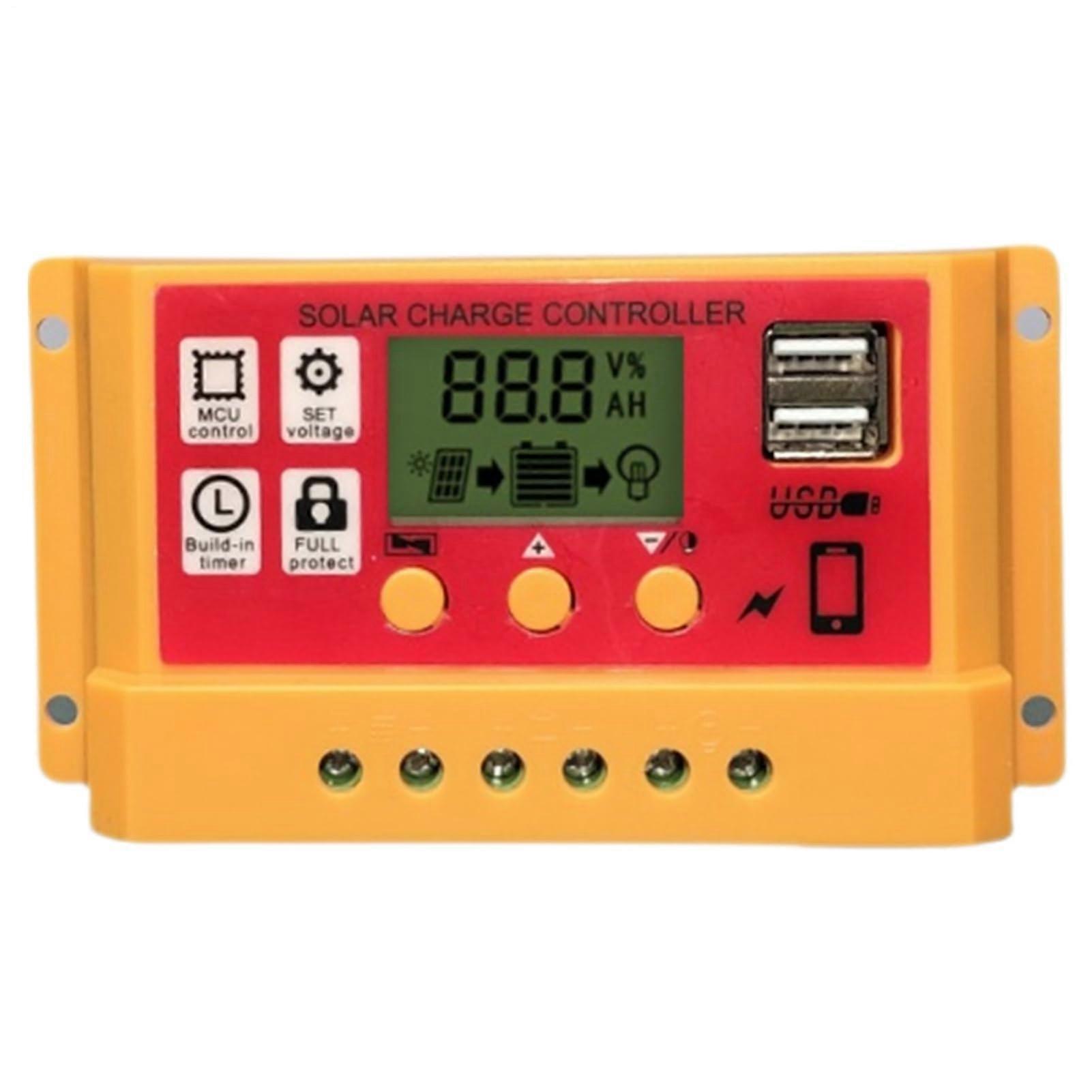 Solar Panel Controller 12V/24V, Adjustable LCD, Dual USB, Auto Timer, Multi-Load Modes for Outdoor Camping
