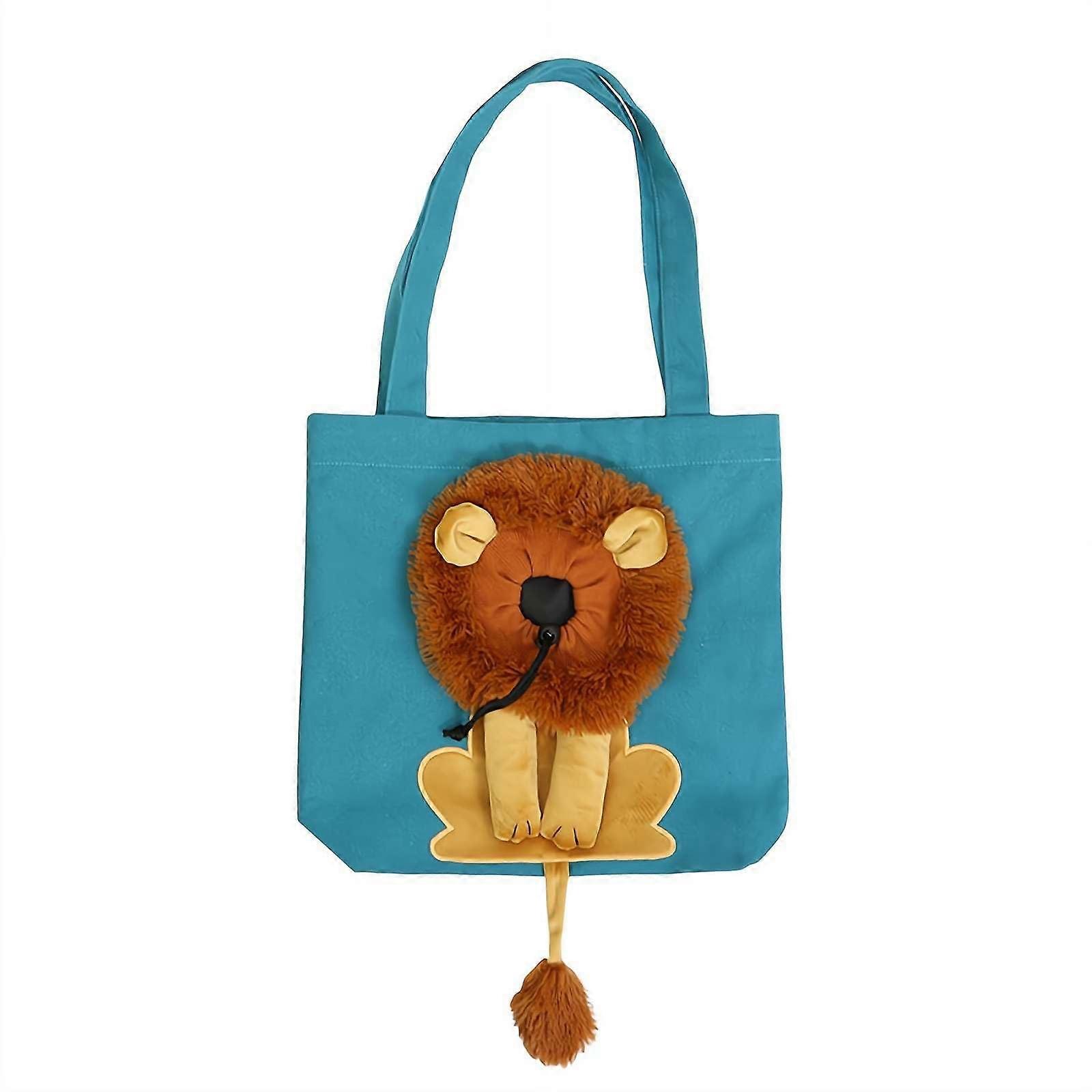 Pet carrier bag, made of canvas, cute lionshaped cat carrier, headout design for small pets, multifunctional, blue.