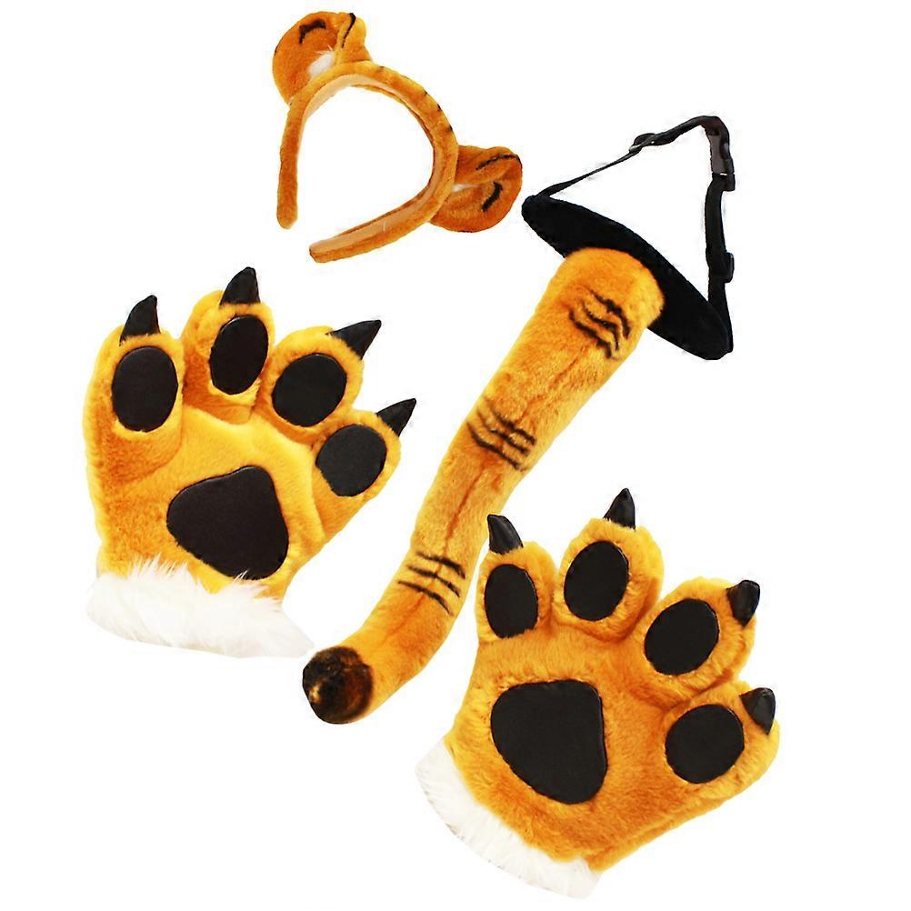 Tiger Costume Accessories Set with Plush Ears, Headband, Tail, and Paw Mittens – Soft Material for Halloween Cosplay and Role Play – Adult and Women