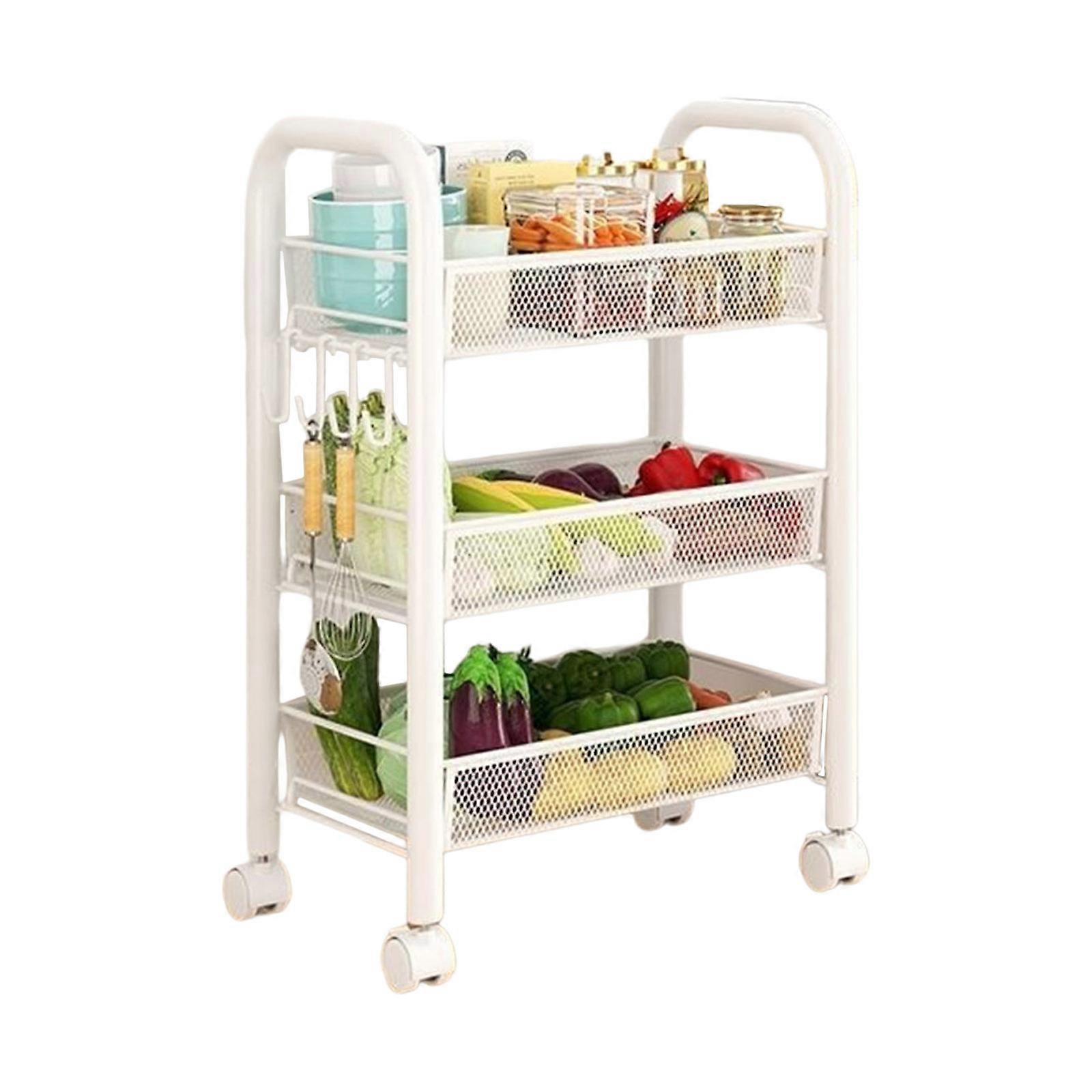 Space Efficient Rolling Storage Cart 3 Tiers Breathable Shelves Mobile Organizers With Hook for Bathroom Storage  White