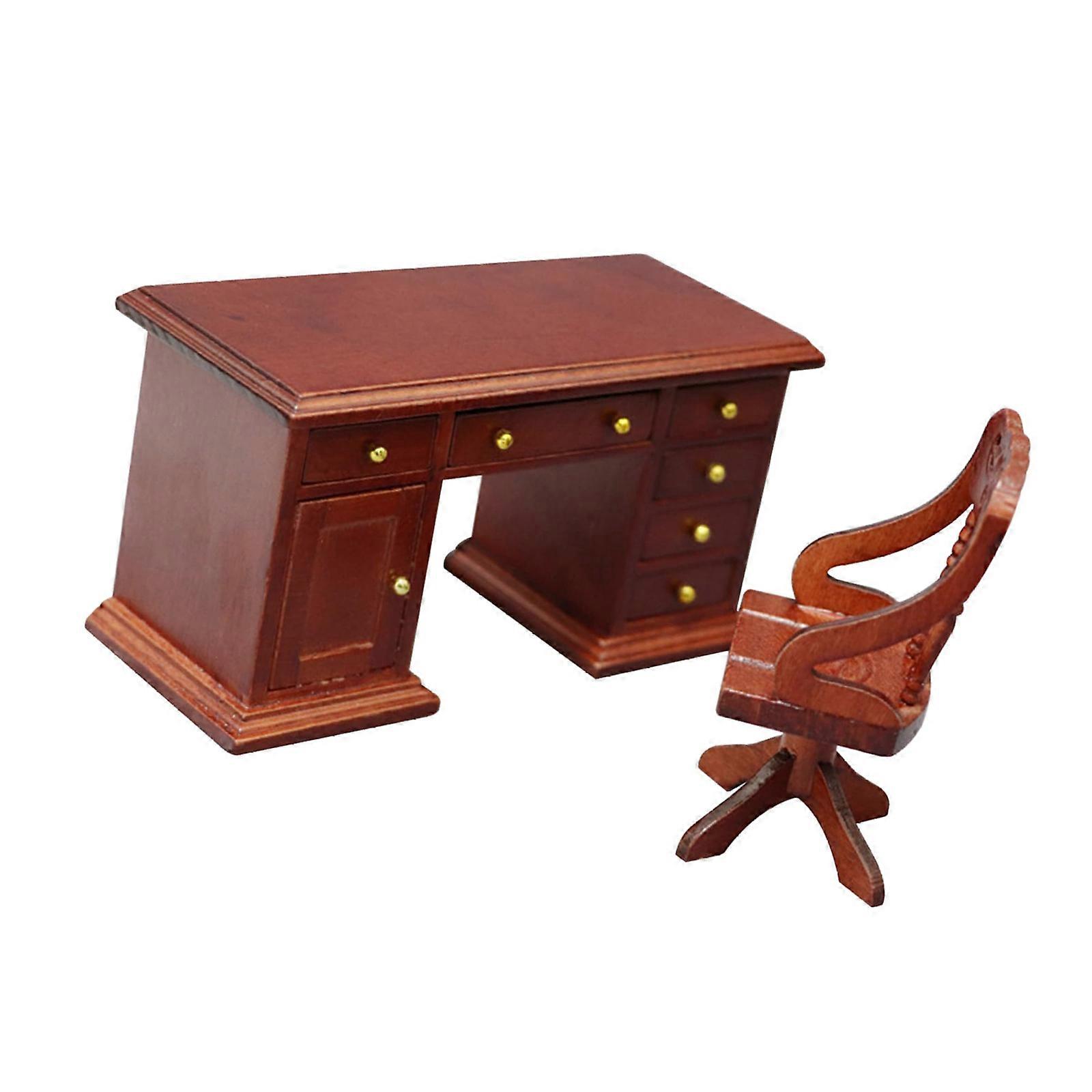 Constructed Historical Miniature Office Desk With Coordinating Chair Tiny Wooden Study Addition Multicolor
