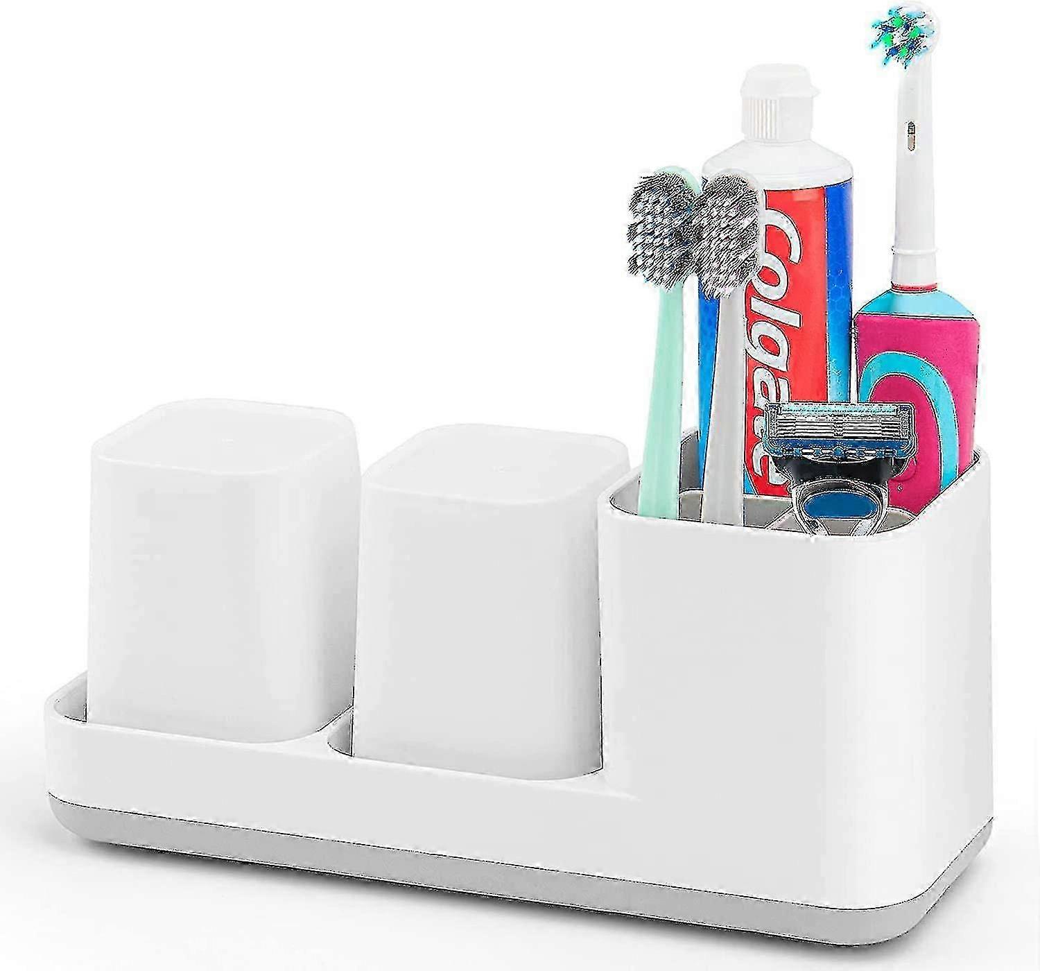 Toothbrush & Toothpaste Holder with 2 Plastic White Tooth Cups, Bathroom Organizer