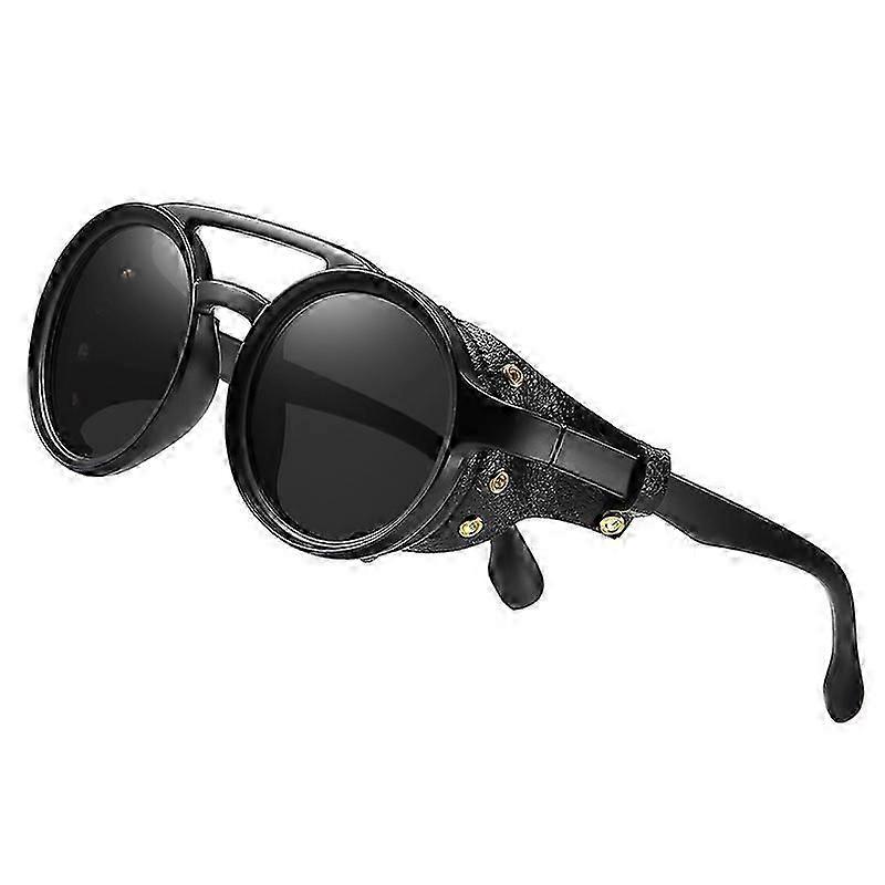 KEITHION ، نظارات شمسية مستديرة Retro Premium Cool Steampunk ، مع دروع جلدية PU وجسور مزدوجة ، للرجال والنساء في الهواء الطلق حفلة عطلة السفر القيادة