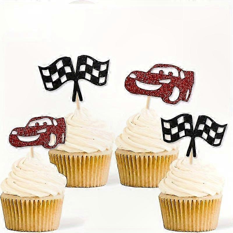 6 قطع أعلام كب كيك سيارات سباق صغيرة مع بريق أحمر وأسود لحفلة عيد ميلاد كعكة ديكور لوازم موضوع الديكور