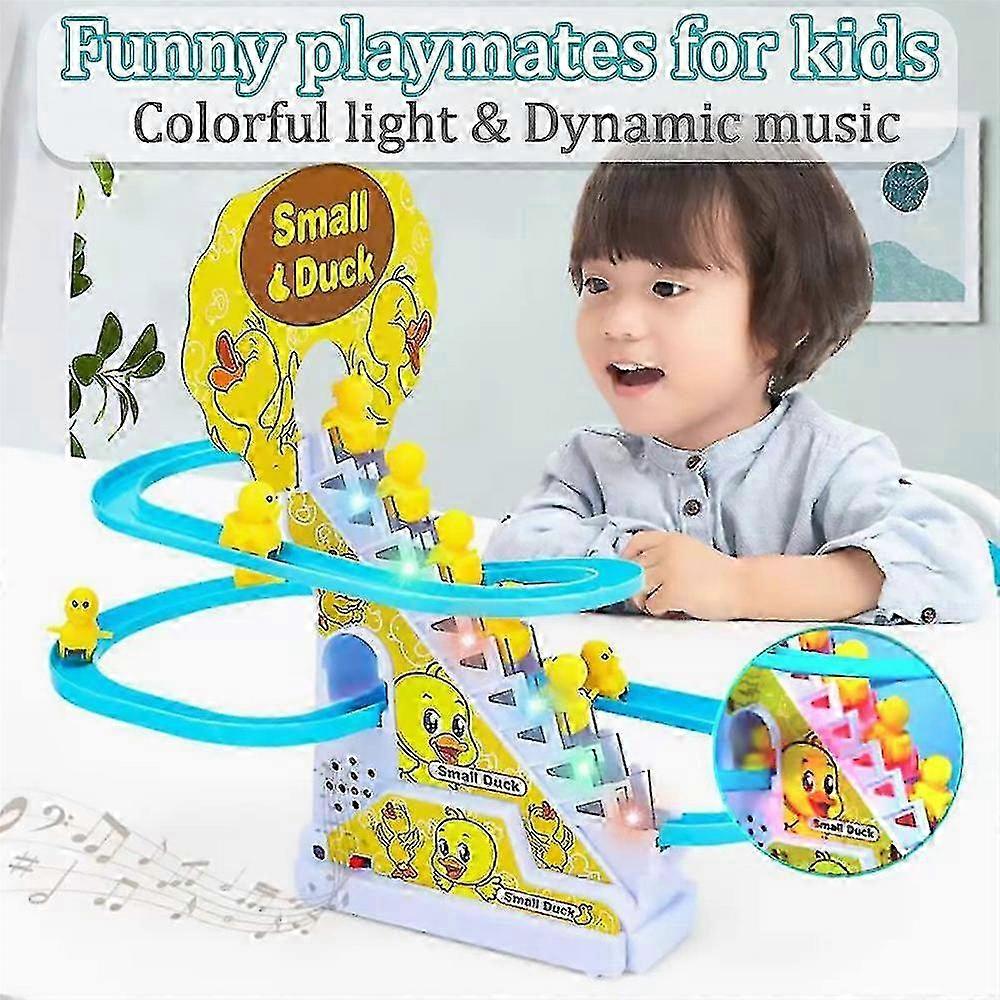 2025 Electric Duck Automatic Climbing Stairs Tracks Slide Toy Set Duck Roller Coaster Toy With Flashing Lights & Music