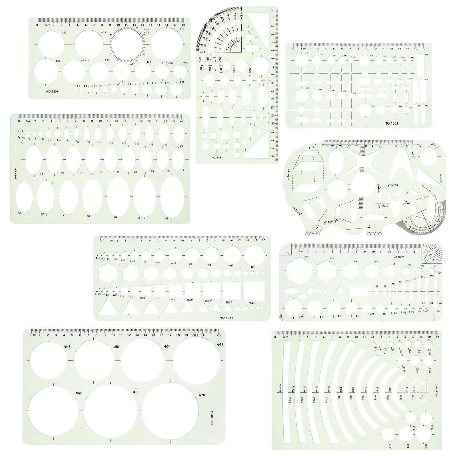 Measurement Template Ruler Plastic Geometric Drawing Tools for Math 9Pcs