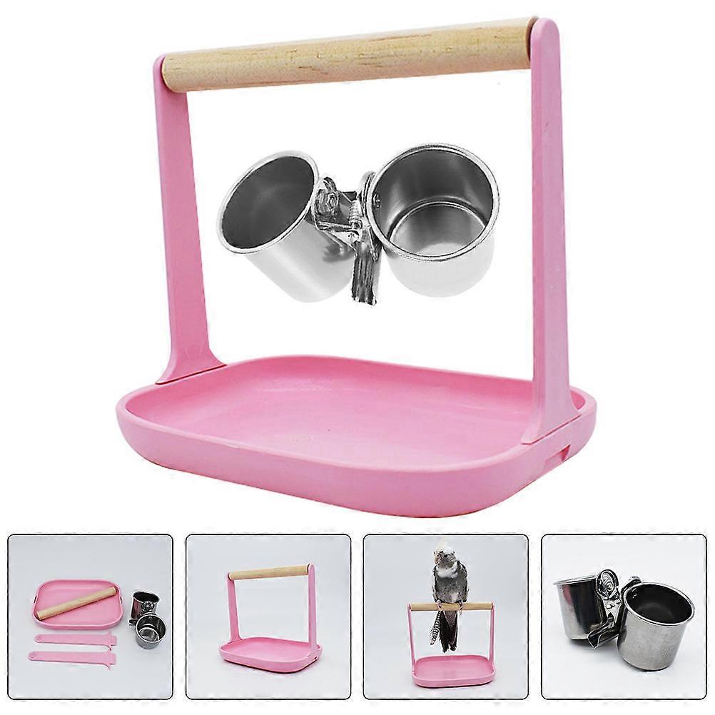Bird Perch Stand with Feeding Cup for Parrots Pink 3Sets Desktop Toy