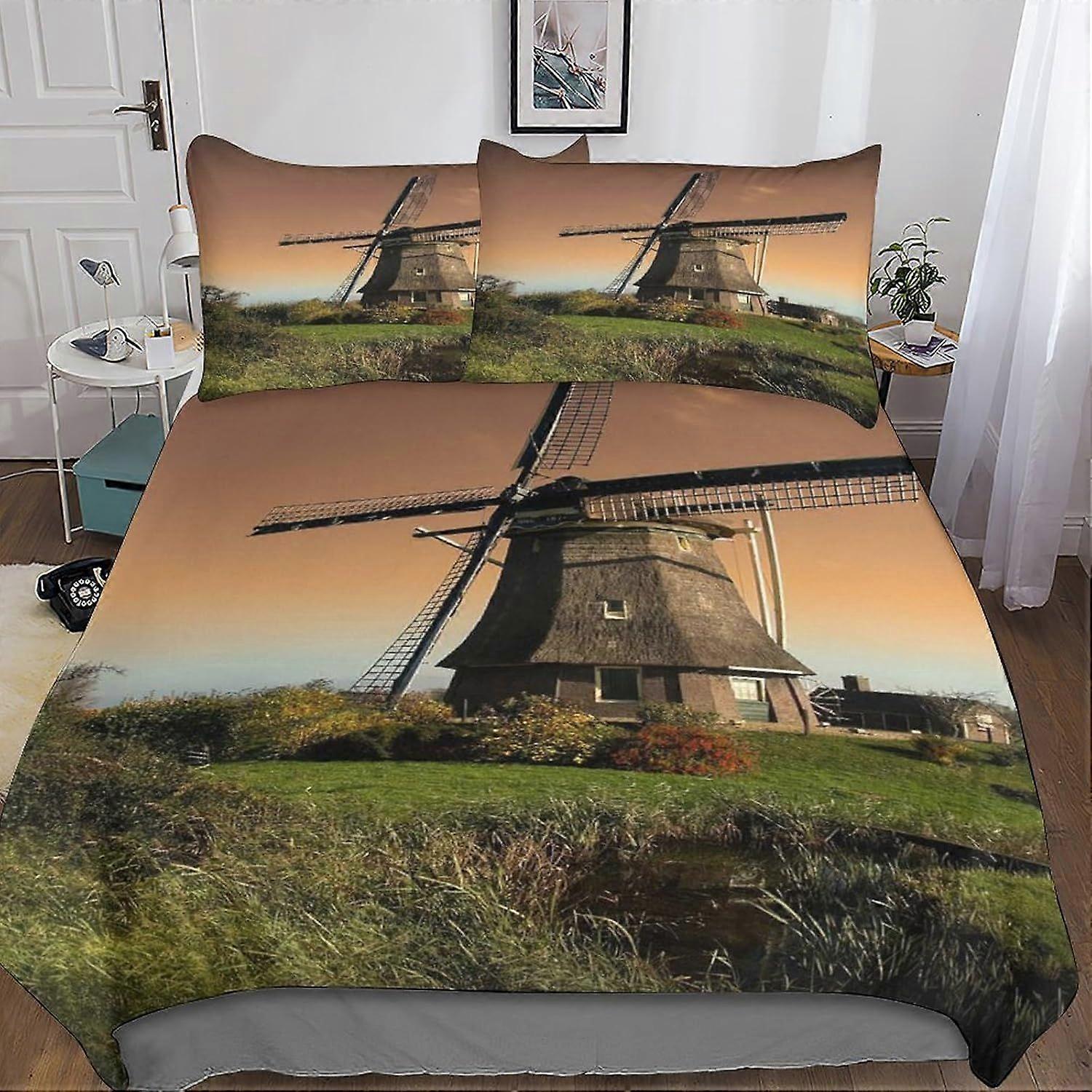 u484 Windmill Beautiful Rustic Life Dimensional Printed Microfibre Duvet Cover And Sheet Set, Soft And Beautiful Microfibre Pillowcases, with Invisibl