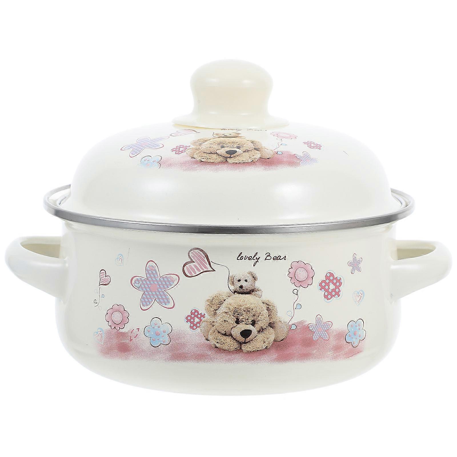 Nonstick Soup Pot Enamel Cooking Pot Kitchen Use Flat Bottom Beige 1Pcs