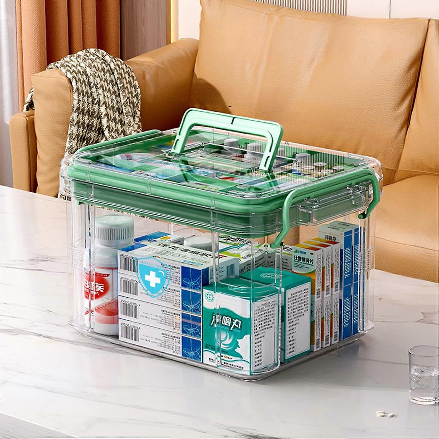 Medicine Storage Box TwoTier With Lid, Double Layer MultiGrid First Aid Box, Portable Household Medicine Cabinet Green