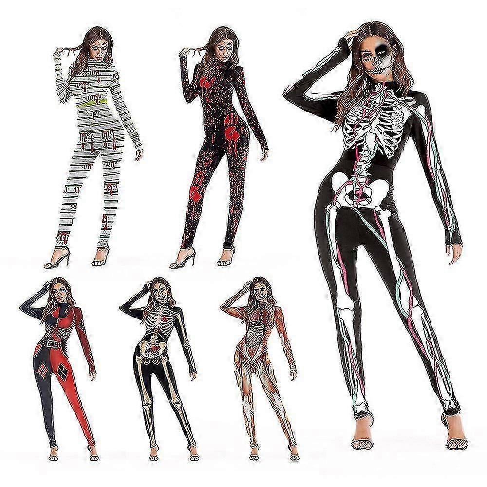 ファッション 女性ホラー ハロウィン コスプレコスチューム スカルプリント セクシー 長袖 フィットネス スケルトン ボディスーツ ワンピース パーティーコスチューム