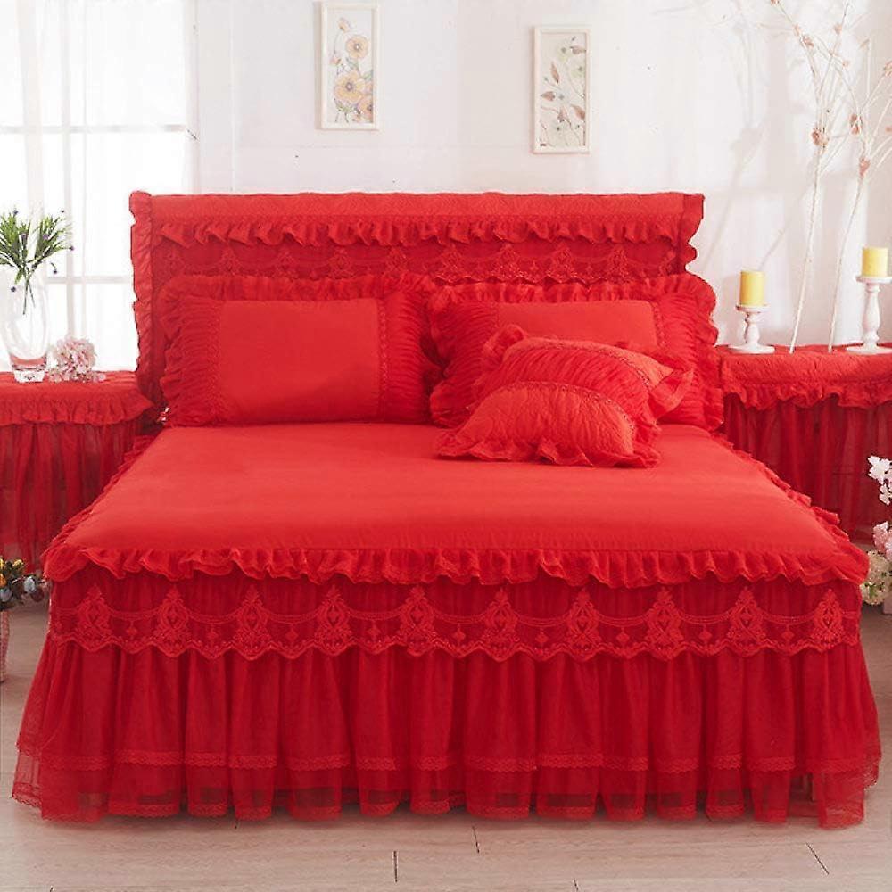 Lace Bedspread Set with Matching Sheet for Girls King Queen Size Red (180x220cm)