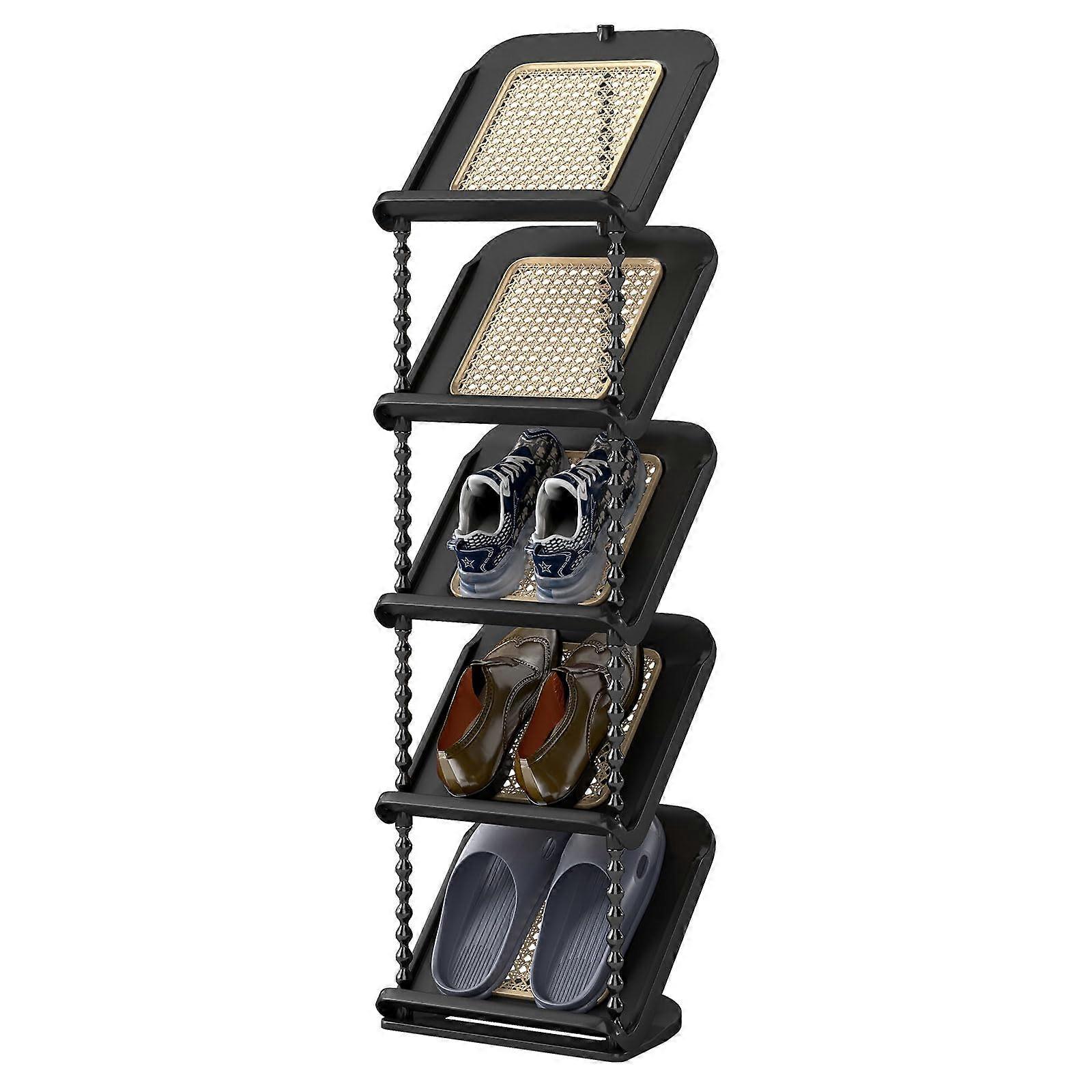 Retro Rattan 5Tier Shoe Rack, Freestanding Vertical Storage Cabinet for Small and Narrow Spaces, Black