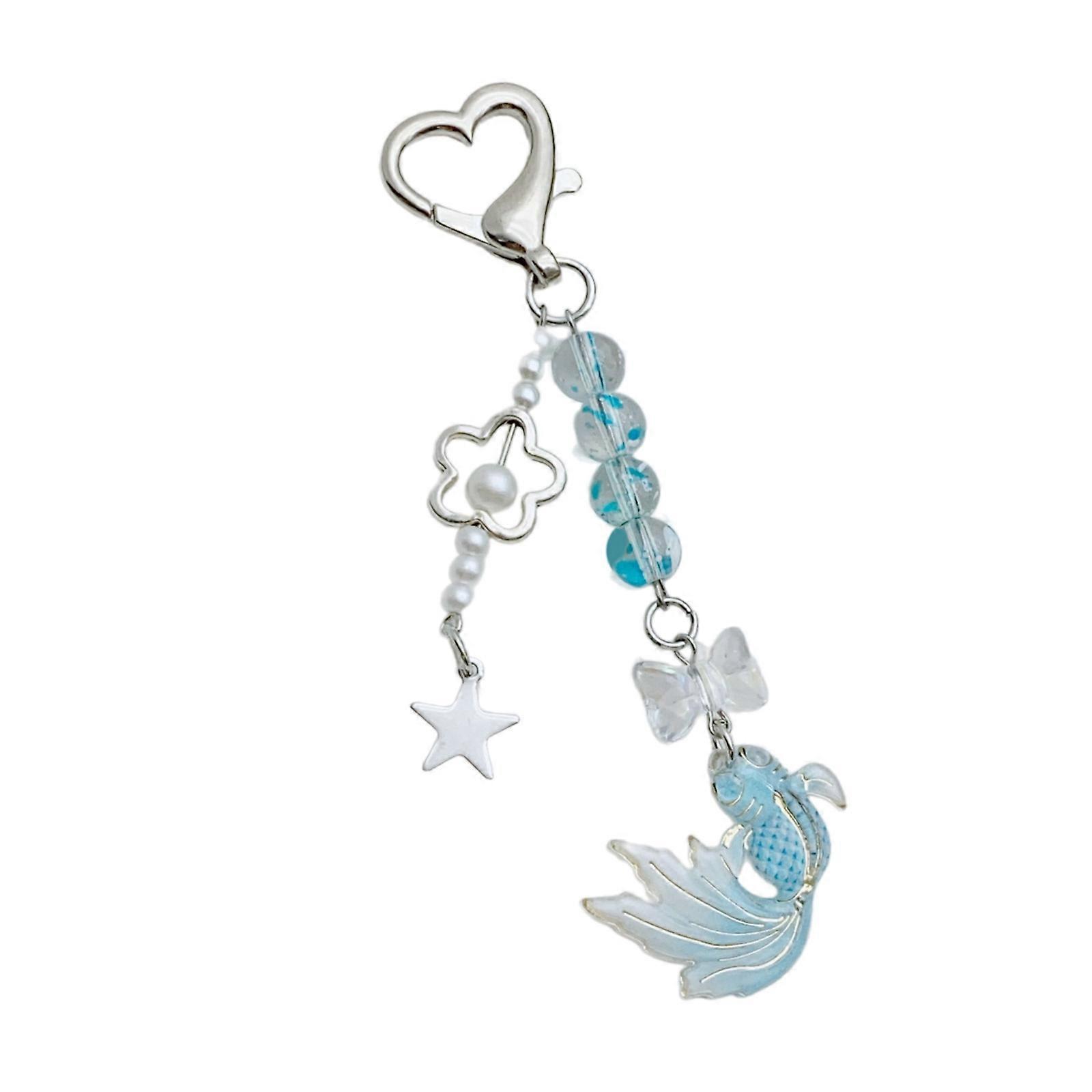Handmade Goldfish Beaded Keychain Accessory Acrylic Star and Bowknot Bag Decoration Stylish Phone Charm for Daily Use  Blue
