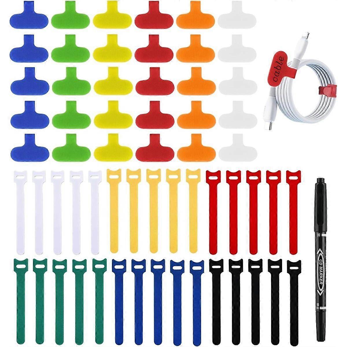 60Pack Reusable Cable Labels & Cord Organizer Kit-Color-Coded Write-on Wire Labels with Marker + 30