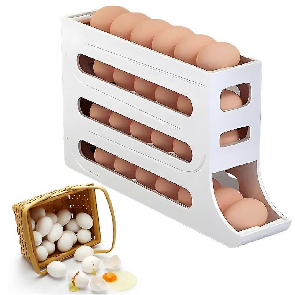 Egg Holder for Fridge with Automatic Scrolling Design, SpaceSaving Large Capacity Rolling Egg Tray (White)