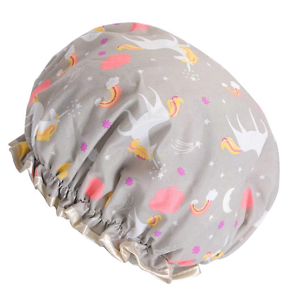 Shower Cap Bath Hat for Shower Use Grey Unicorn Cartoon Double Layer