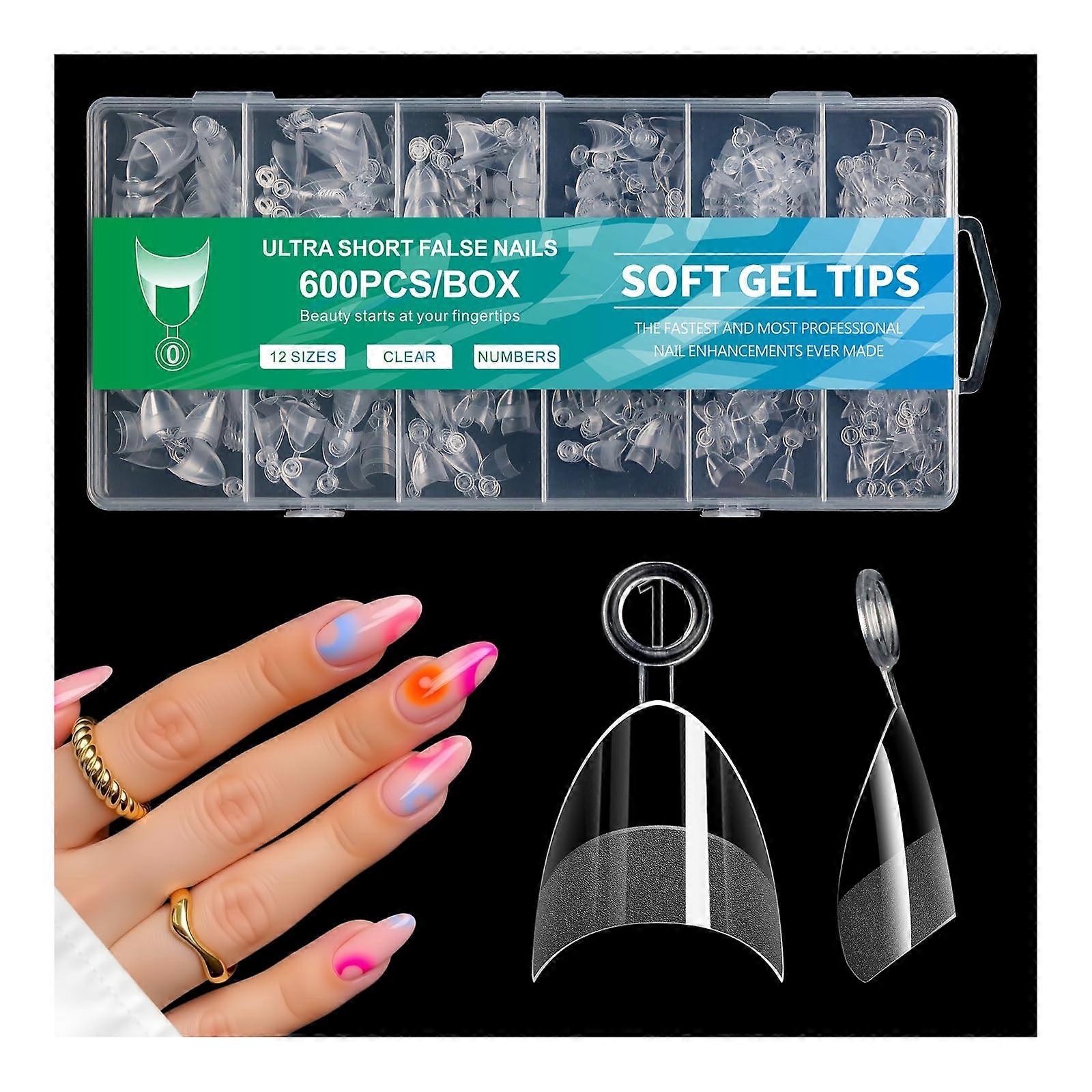 600Pcs Extra Short Almond Nail Tips Soft Gel Extensions Clear False Nails Set for DIY Salon