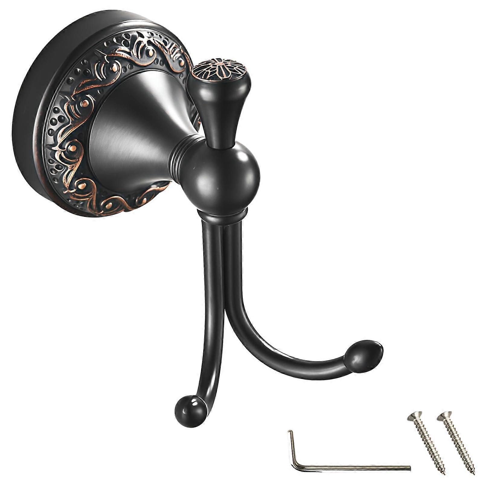 Antique Brass Towel Hook with Decorative Floral Base, Double Bathroom Wall Hook for Kitchen Use