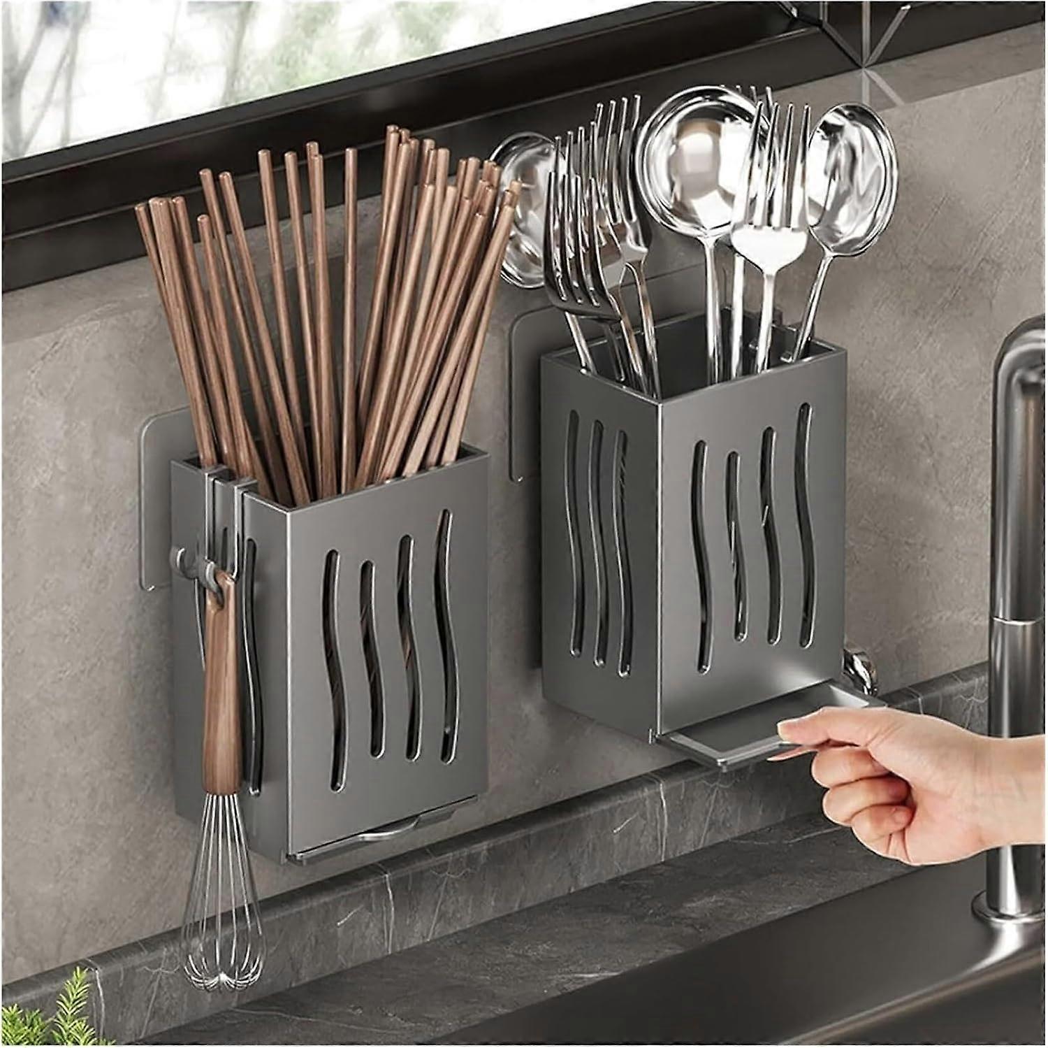 Wall Mounted Utensil Holder with Hooks, Fast Drying Kitchen Cutlery Organizer Rack, Gray Ref: 4043