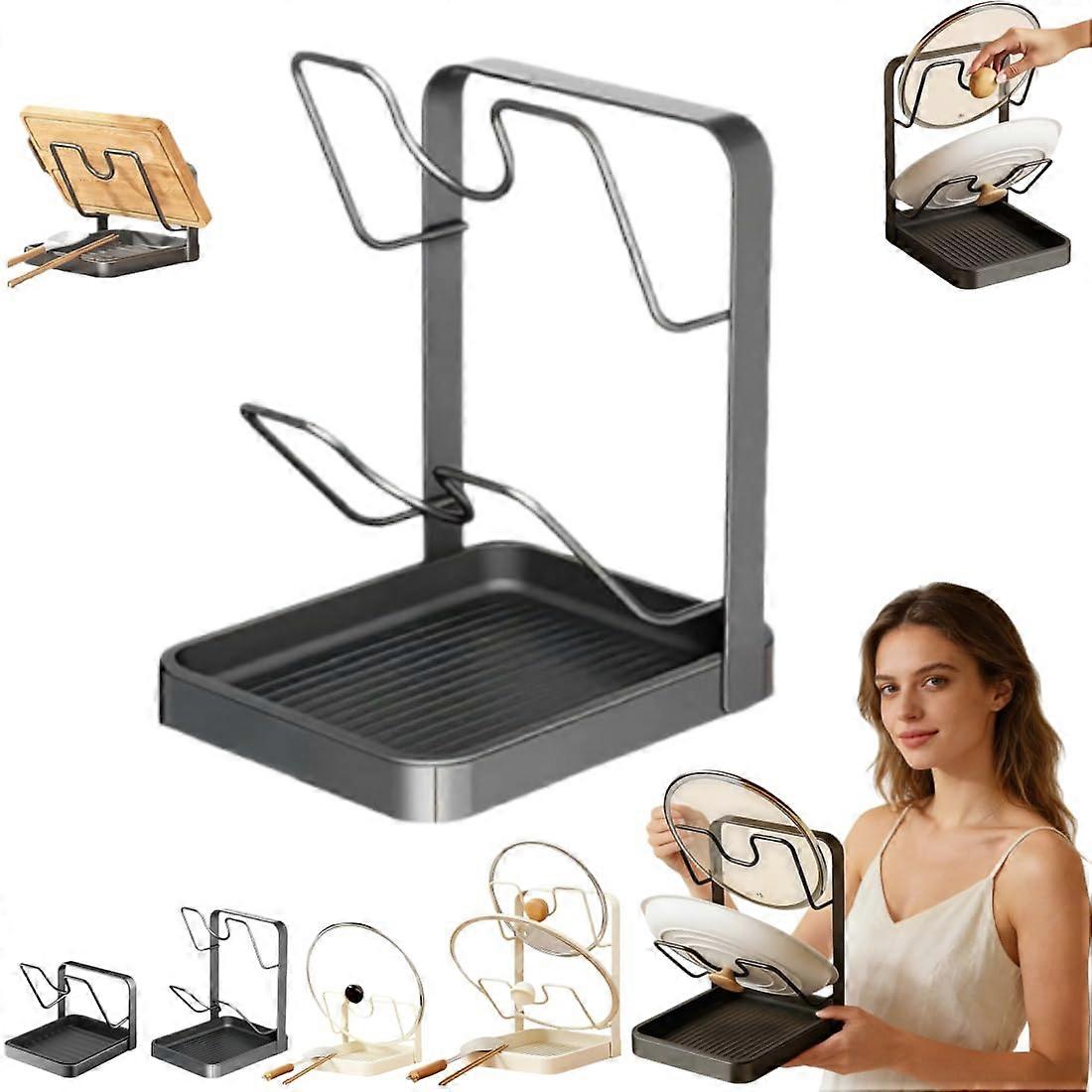 Rust Resistant Pot Lid Holder with Removable Drip Tray, Vertical Kitchen Organizer for Countertop