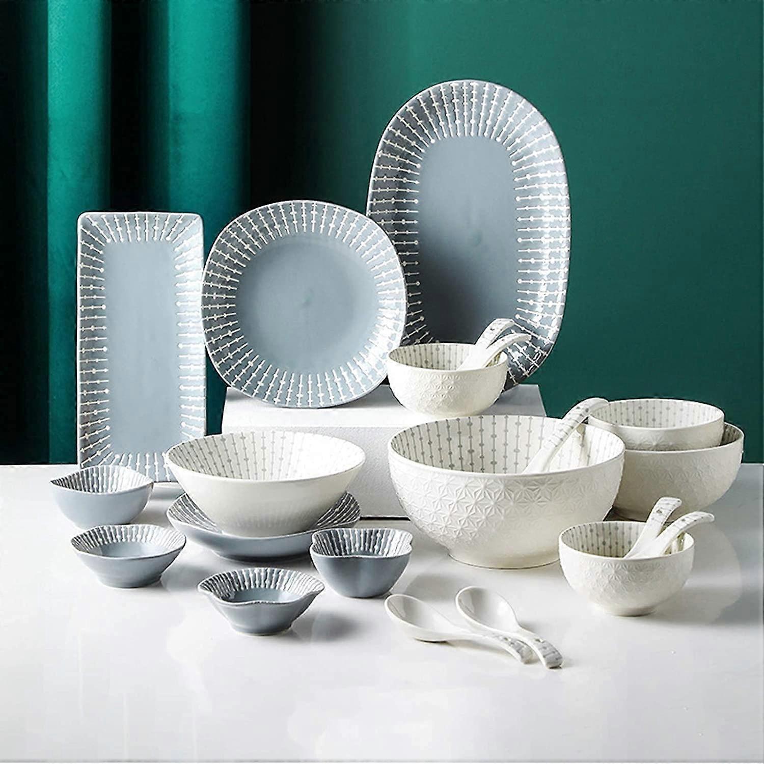 42 Piece Ceramic Dinnerware Set with Elegant Nordic Design, Embossed Gray and White, Microwave Safe