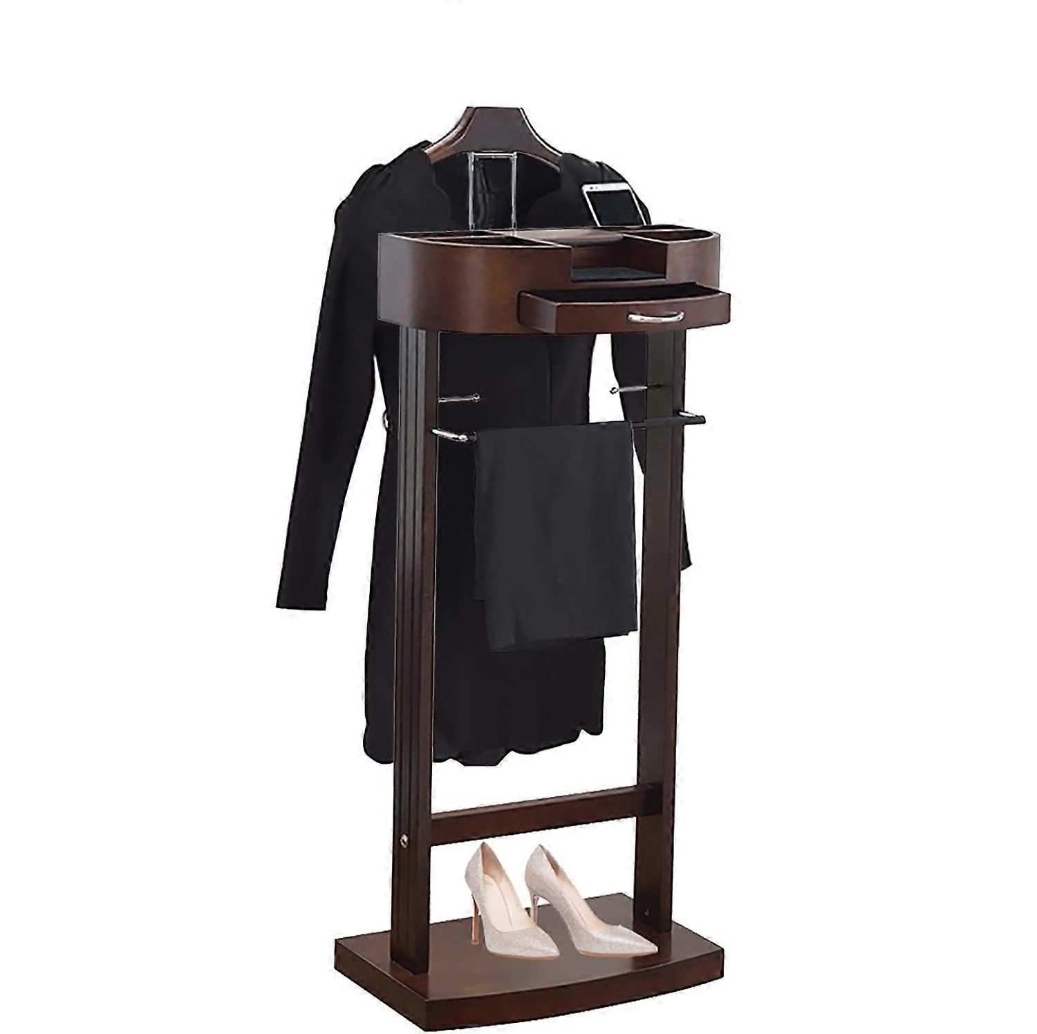 Solid Wood Clothes Valet Stand with Drawer, Freestanding Suit Hanger Rack with Shoe Storage