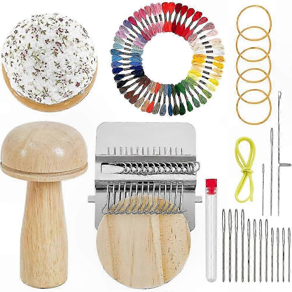 Mini Darning Loom Kit, Mushroom Knit Patch Tool with Needles & Thread for DIY Weaving Repair
