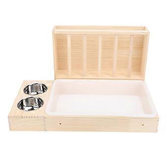 Mangeoire foin pour lapins avec bac litire, 2 bols in acier inoxidable, mangeoire en wood anti-salissures for chinchillas, hamsters and petits anima